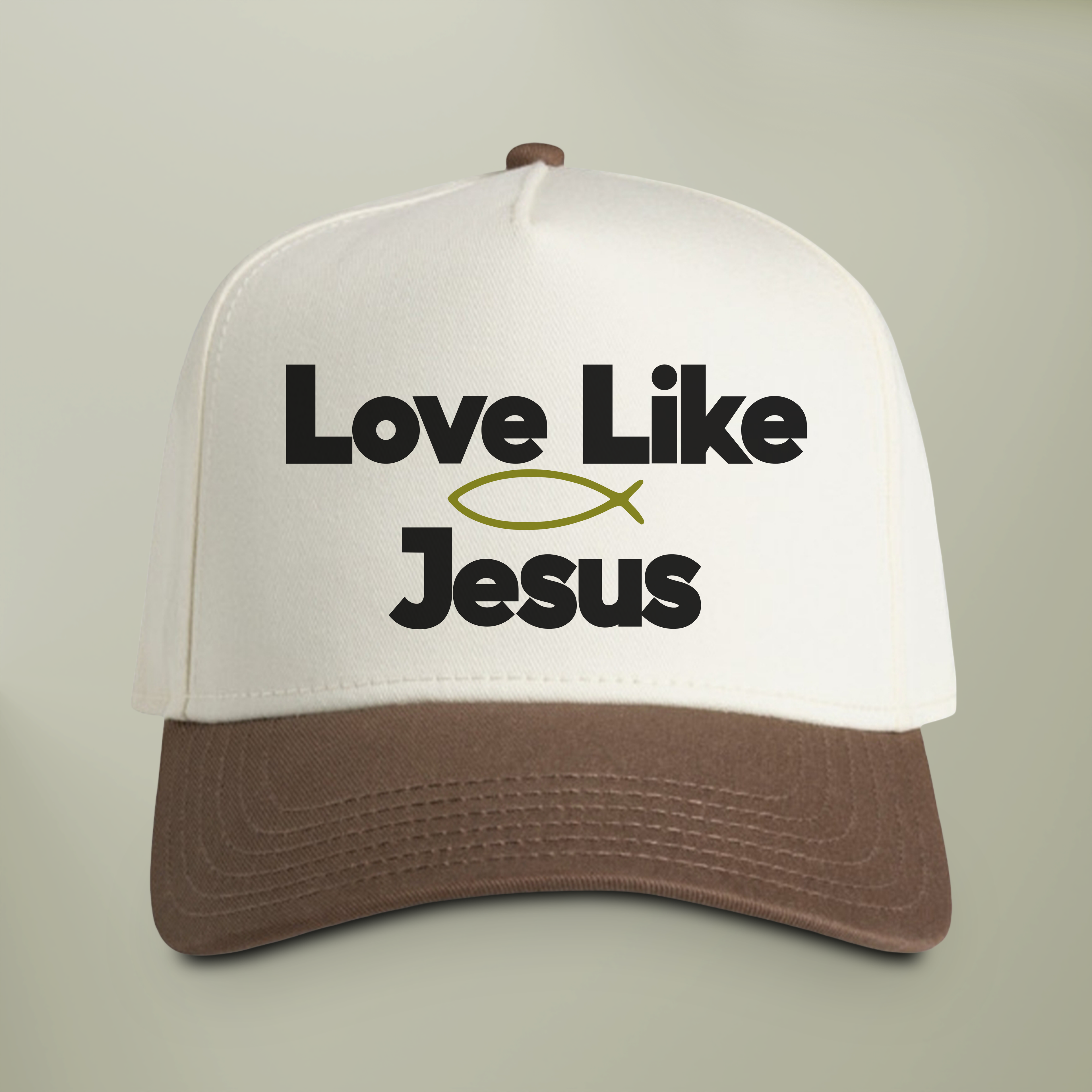 Love Like Jesus Hat — Two-Tone Snapback Christian Cap | Green Ichthys Fish Faith Hat