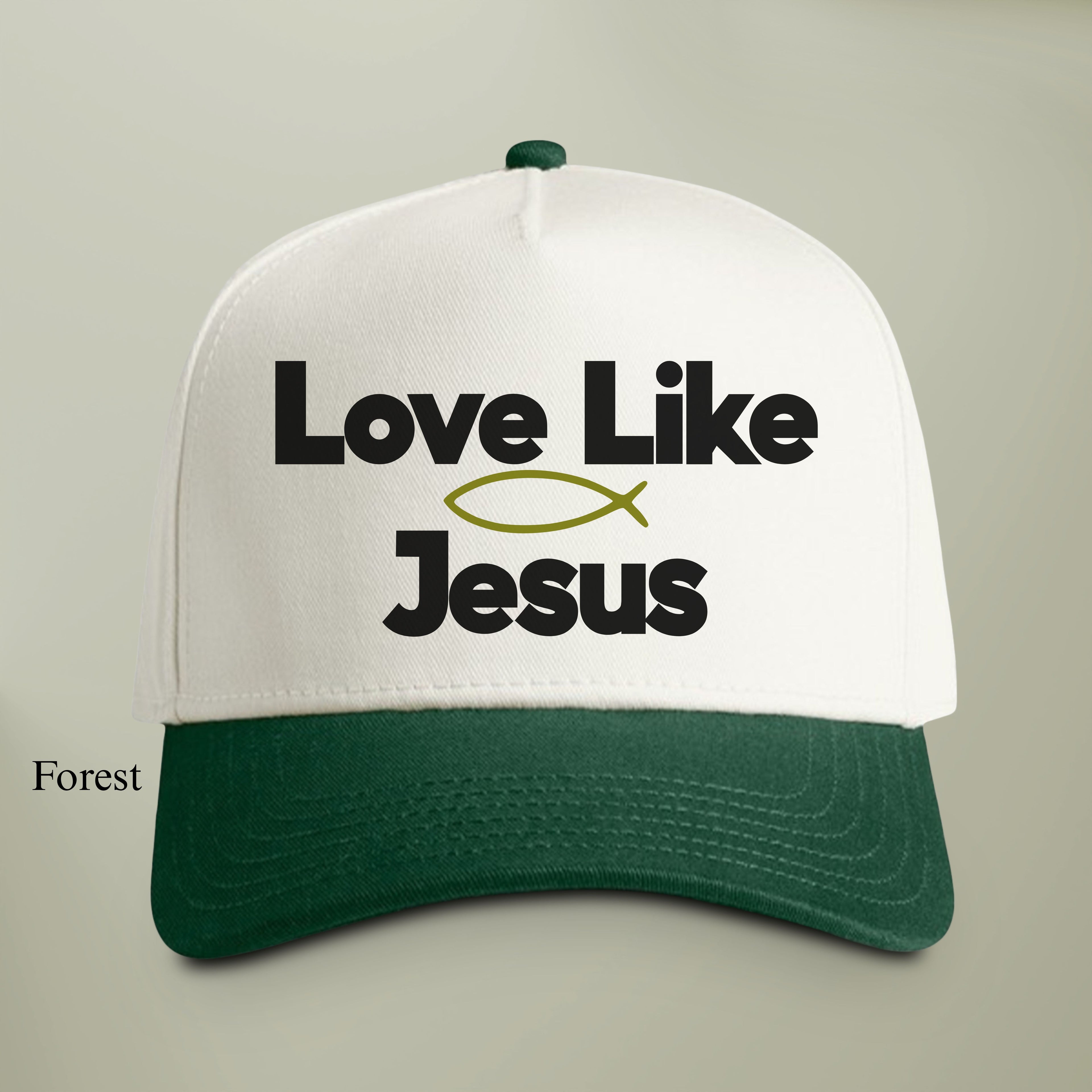 Love Like Jesus Hat — Two-Tone EMBROIDERY Snapback Christian Cap | Green Ichthys Fish Faith Hat