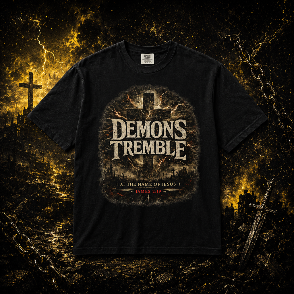 Demons Tremble Tee — James 2:19 At the Name of Jesus Spiritual Warfare T-Shirt