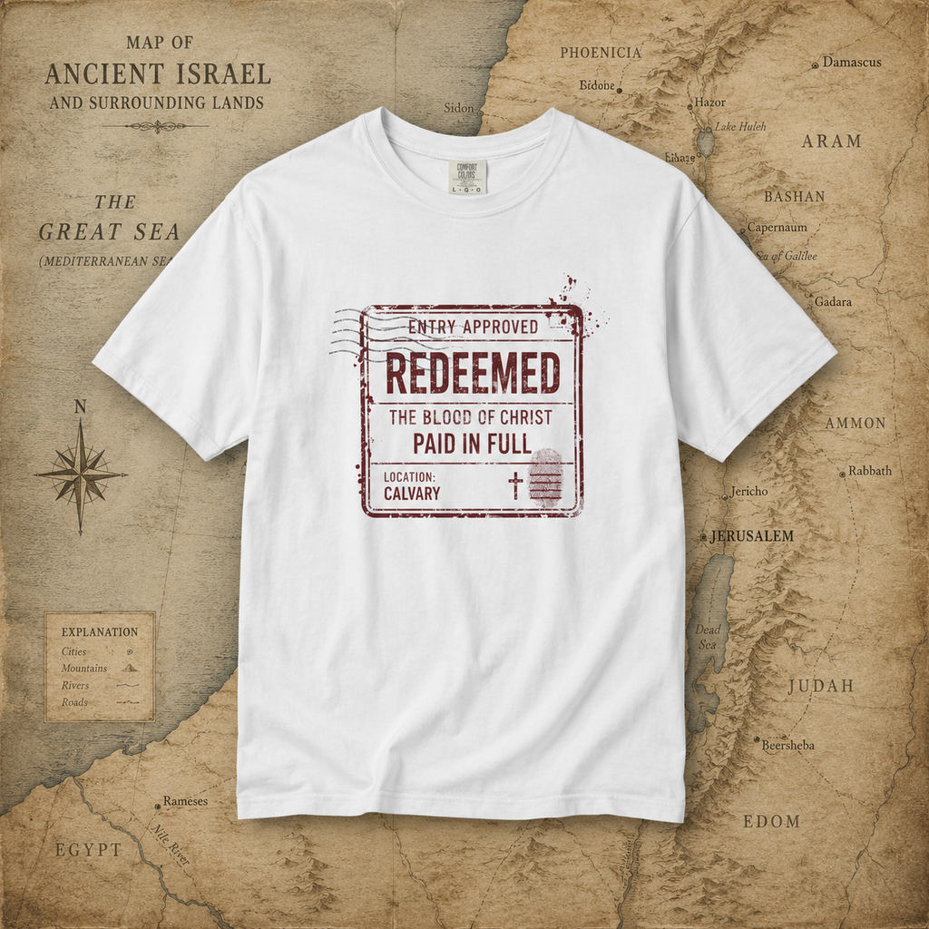 Redeemed Tee — Paid in Full Blood of Christ Passport Stamp Comfort Colors T-Shirt