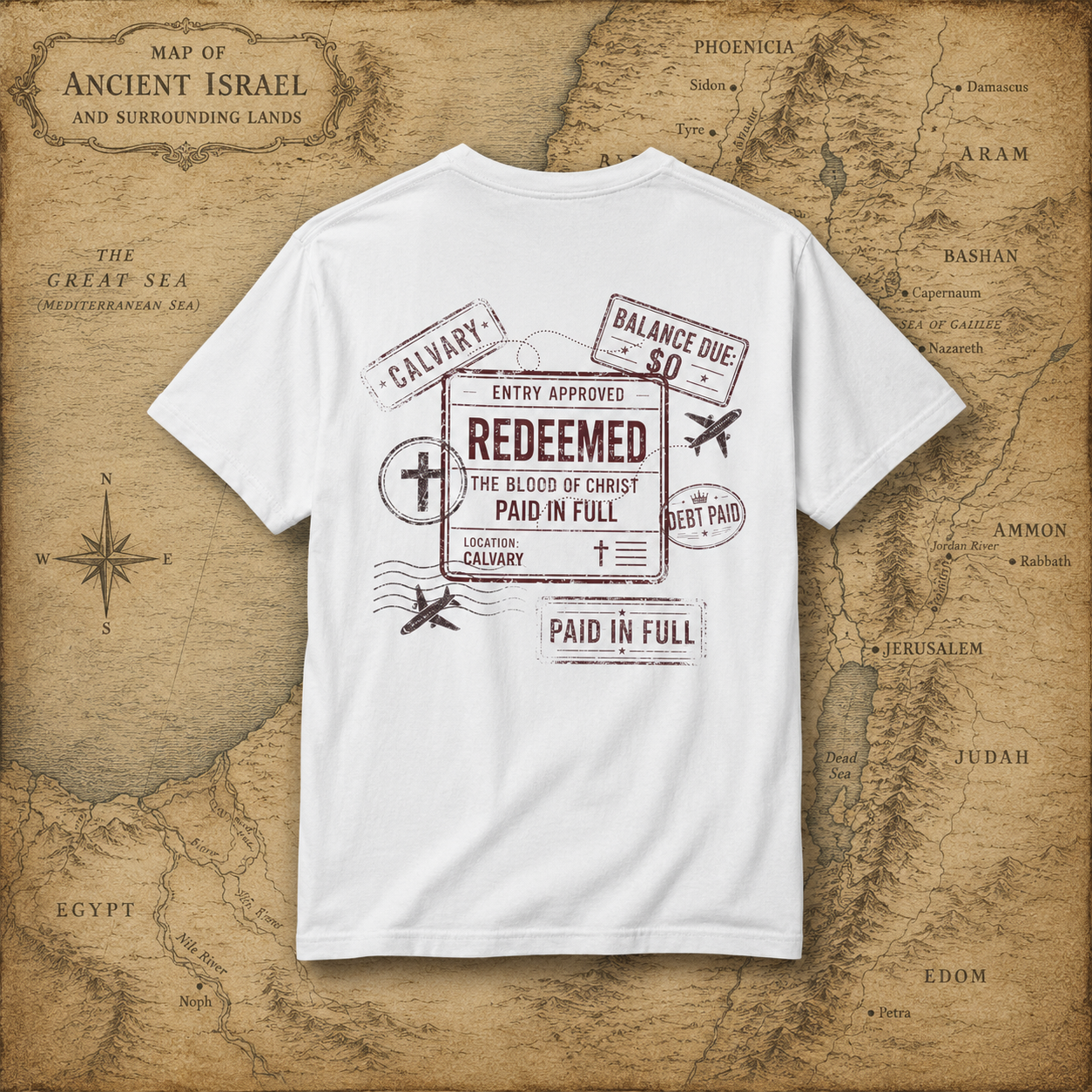 Redeemed Tee — Paid in Full Blood of Christ Passport Stamp Comfort Colors T-Shirt
