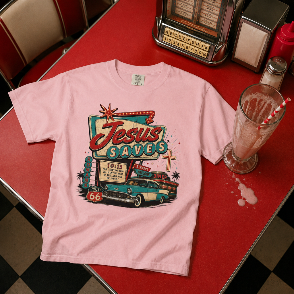 Jesus Saves Tee — Retro 50s Diner Neon Romans 10:13 Comfort Colors T-Shirt