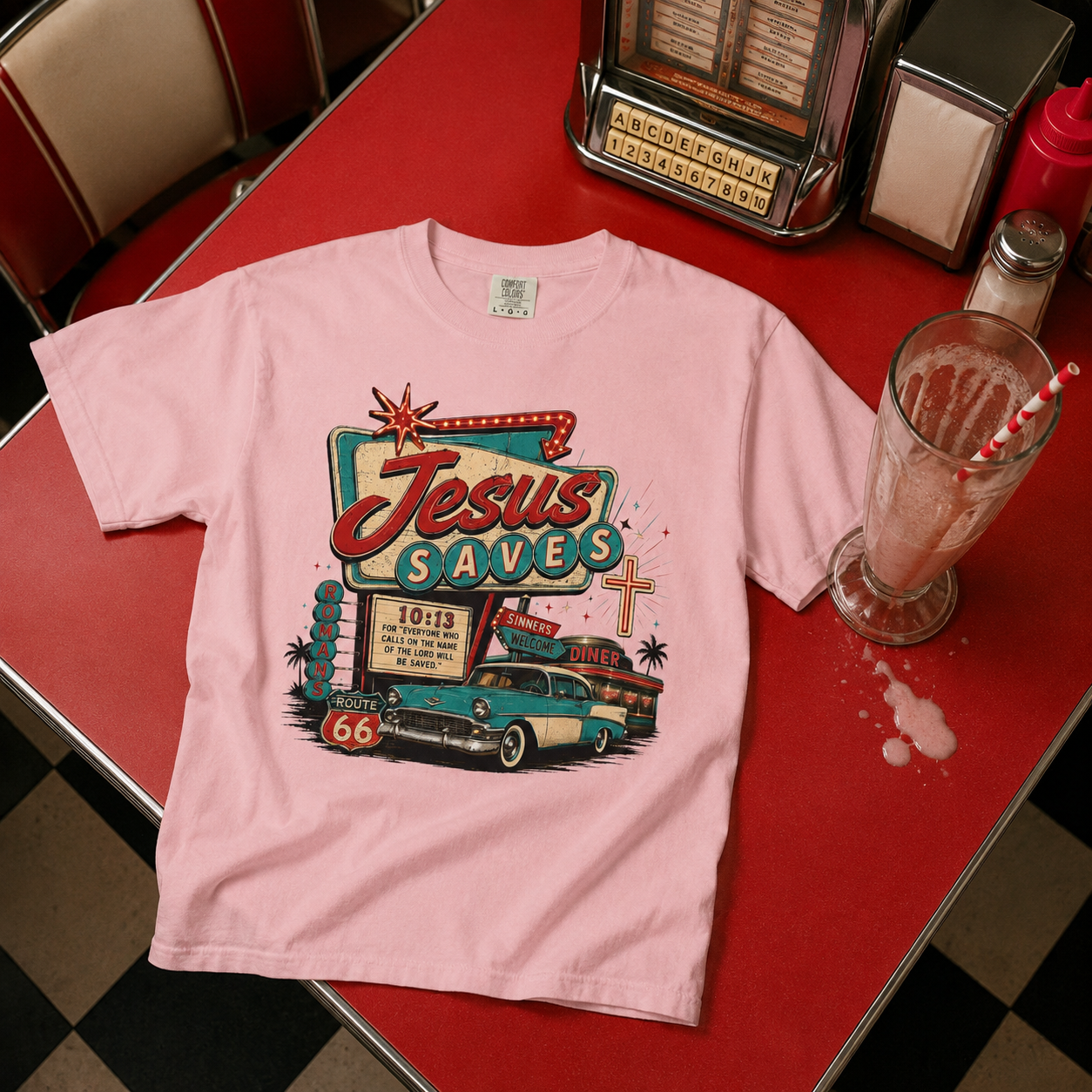 Jesus Saves Tee — Retro 50s Diner Neon Romans 10:13 Comfort Colors T-Shirt