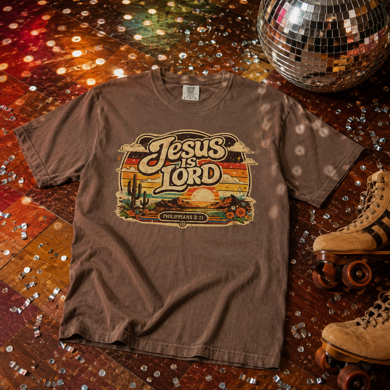 Jesus Is Lord Tee — Retro 70s Desert Sunset Philippians 2:11 Comfort Colors T-Shirt