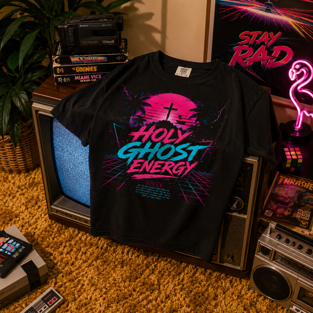 Holy Ghost Energy Tee — Retro 80s Synthwave Acts 1:8 Comfort Colors T-Shirt