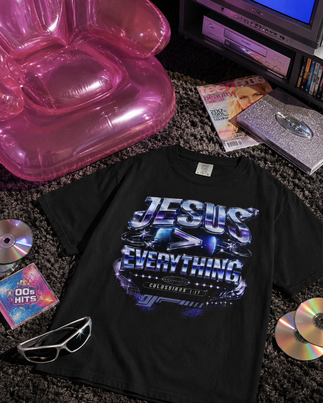 Jesus > Everything Tee — Retro Y2K Chrome Colossians 1:17 Comfort Colors T-Shirt