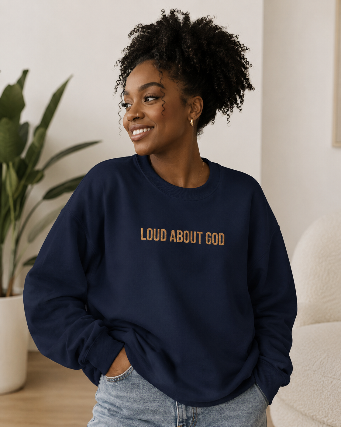 Loud About God Crewneck — Gold Logo Christian Sweatshirt