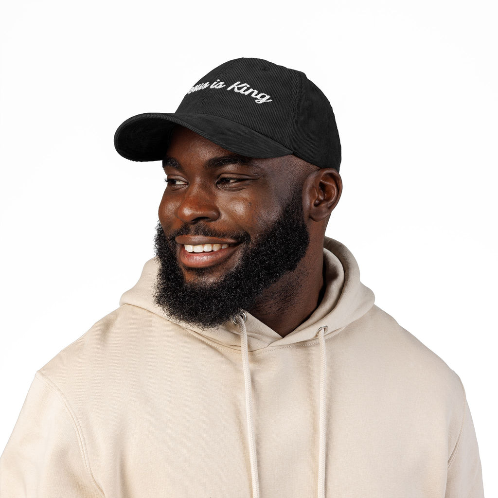 Jesus is King Hat — Vintage Corduroy Christian Cap | Embroidered Script Faith Hat