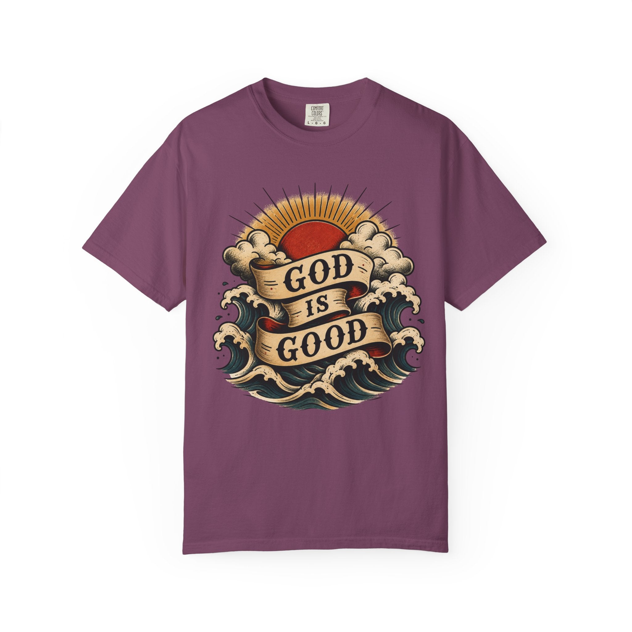 God Is Good Tee — American Traditional Tattoo Sun & Waves Comfort Colors T-Shirt