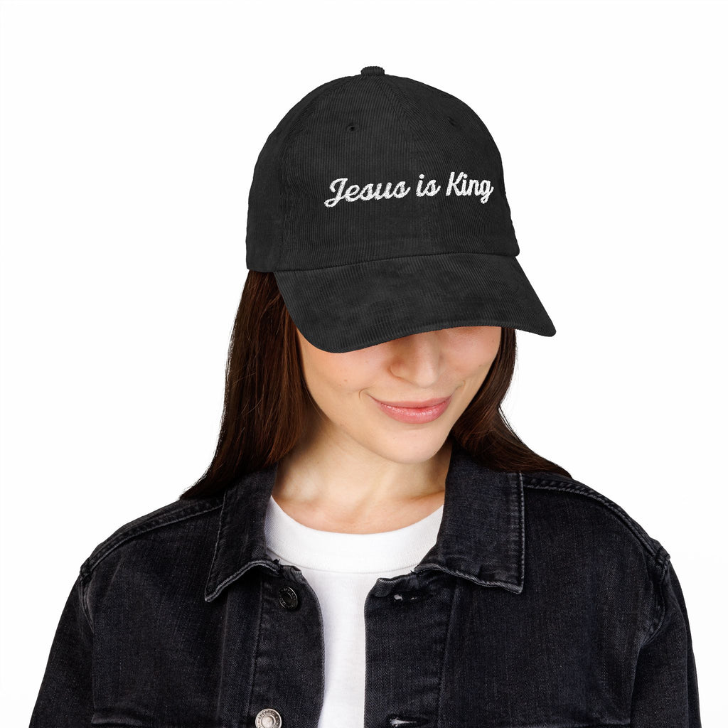 Jesus is King Hat — Vintage Corduroy Christian Cap | Embroidered Script Faith Hat