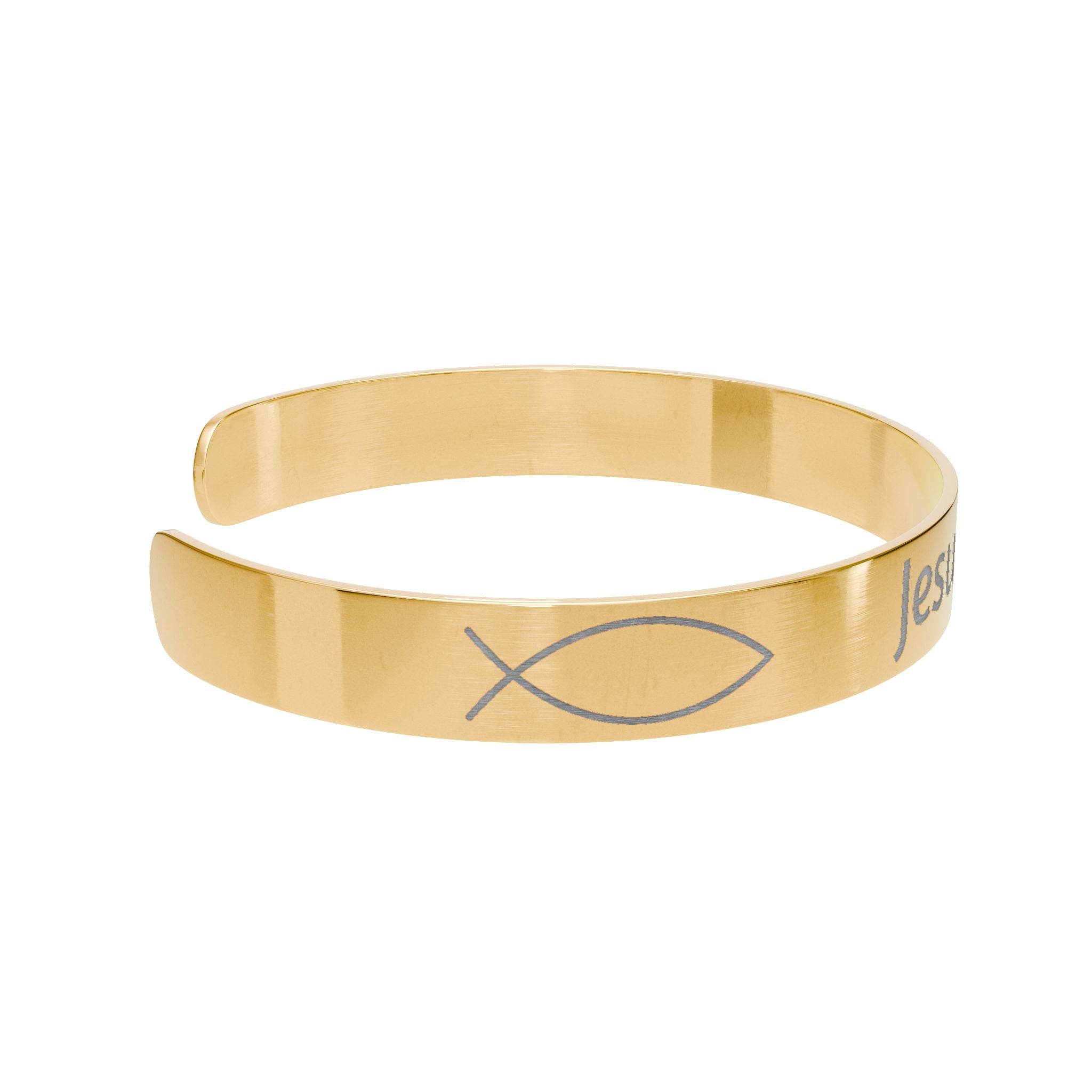 Gold Engraved Cuff Bracelet — "Jesus is King" Christian Ichthys Bracelet