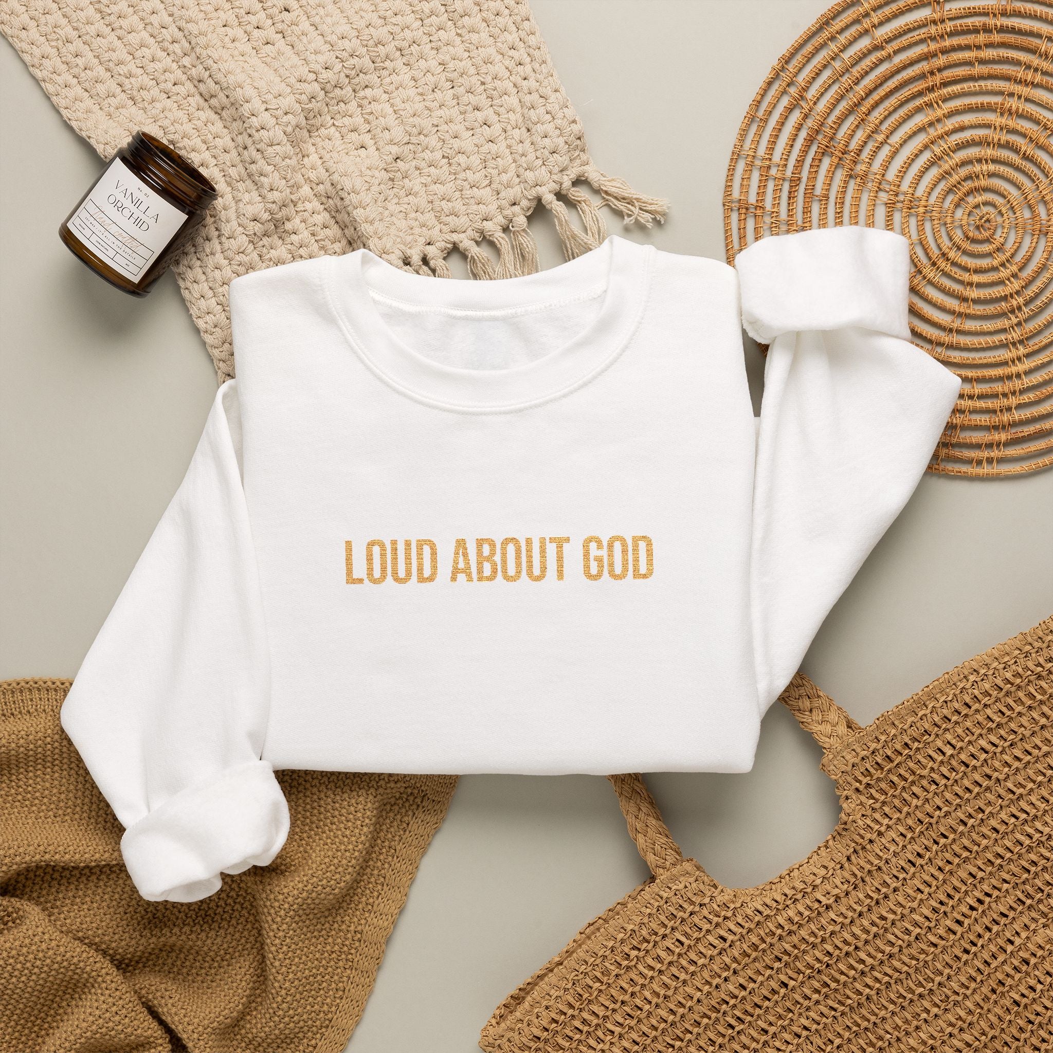 Loud About God Crewneck — Gold Logo Christian Sweatshirt