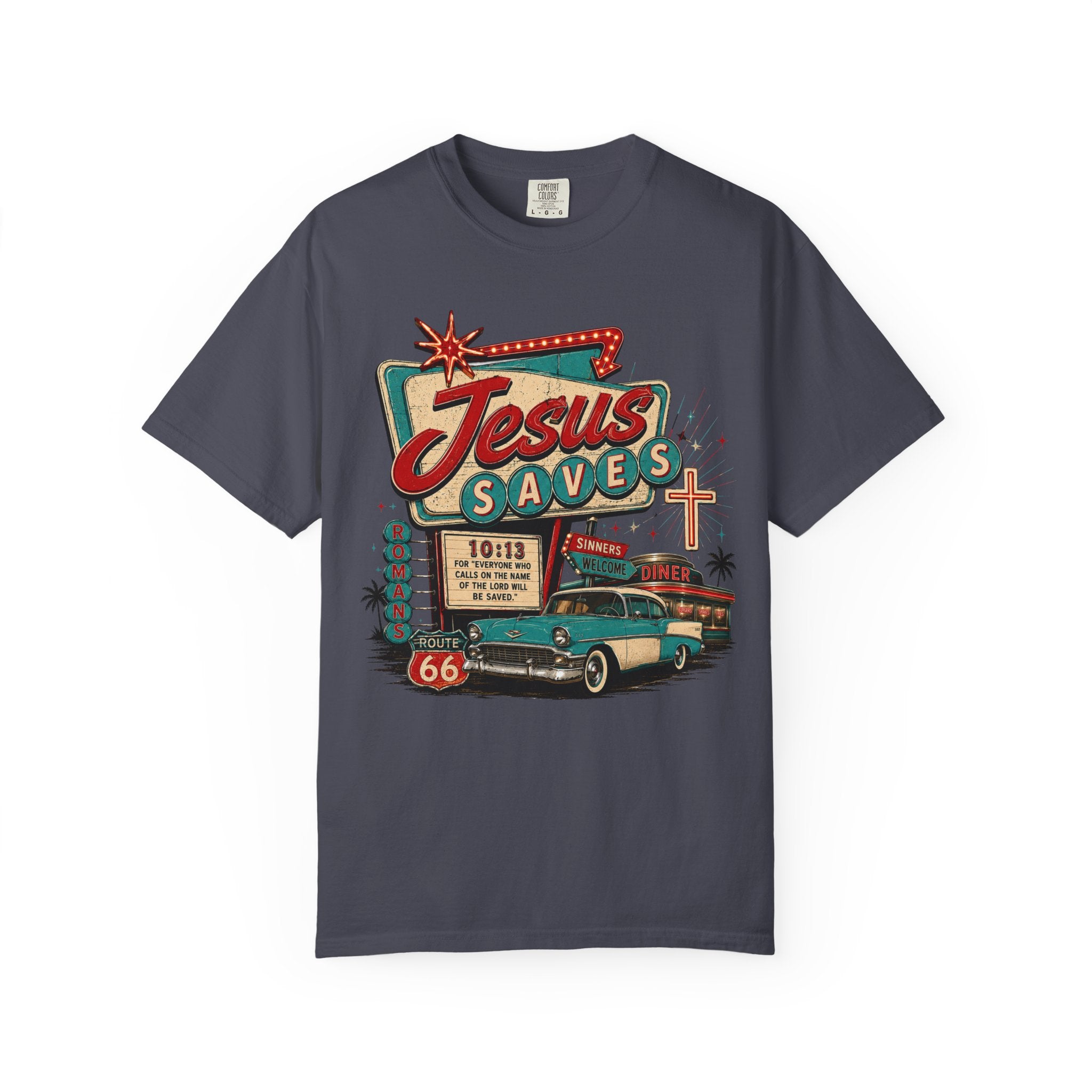 Jesus Saves Tee — Retro 50s Diner Neon Romans 10:13 Comfort Colors T-Shirt