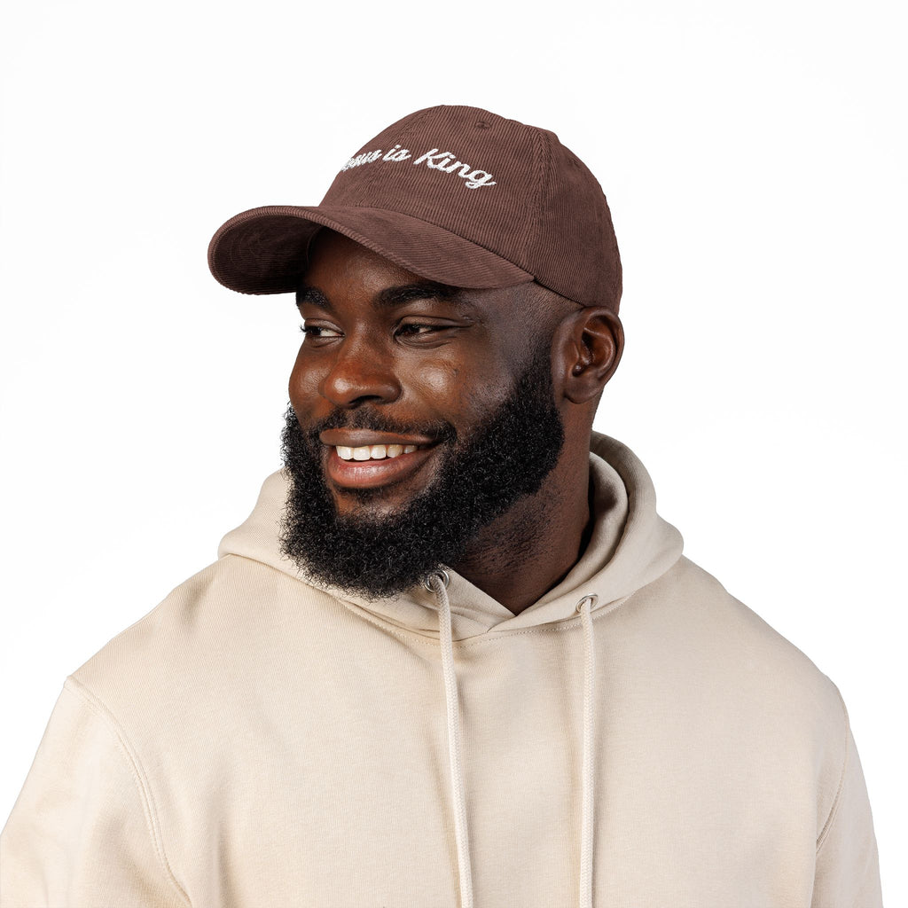 Jesus is King Hat — Vintage Corduroy Christian Cap | Embroidered Script Faith Hat