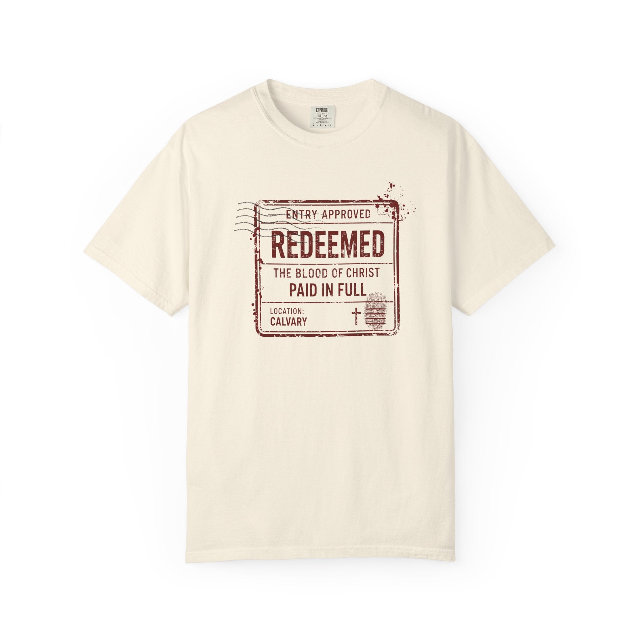Redeemed Tee — Paid in Full Blood of Christ Passport Stamp Comfort Colors T-Shirt