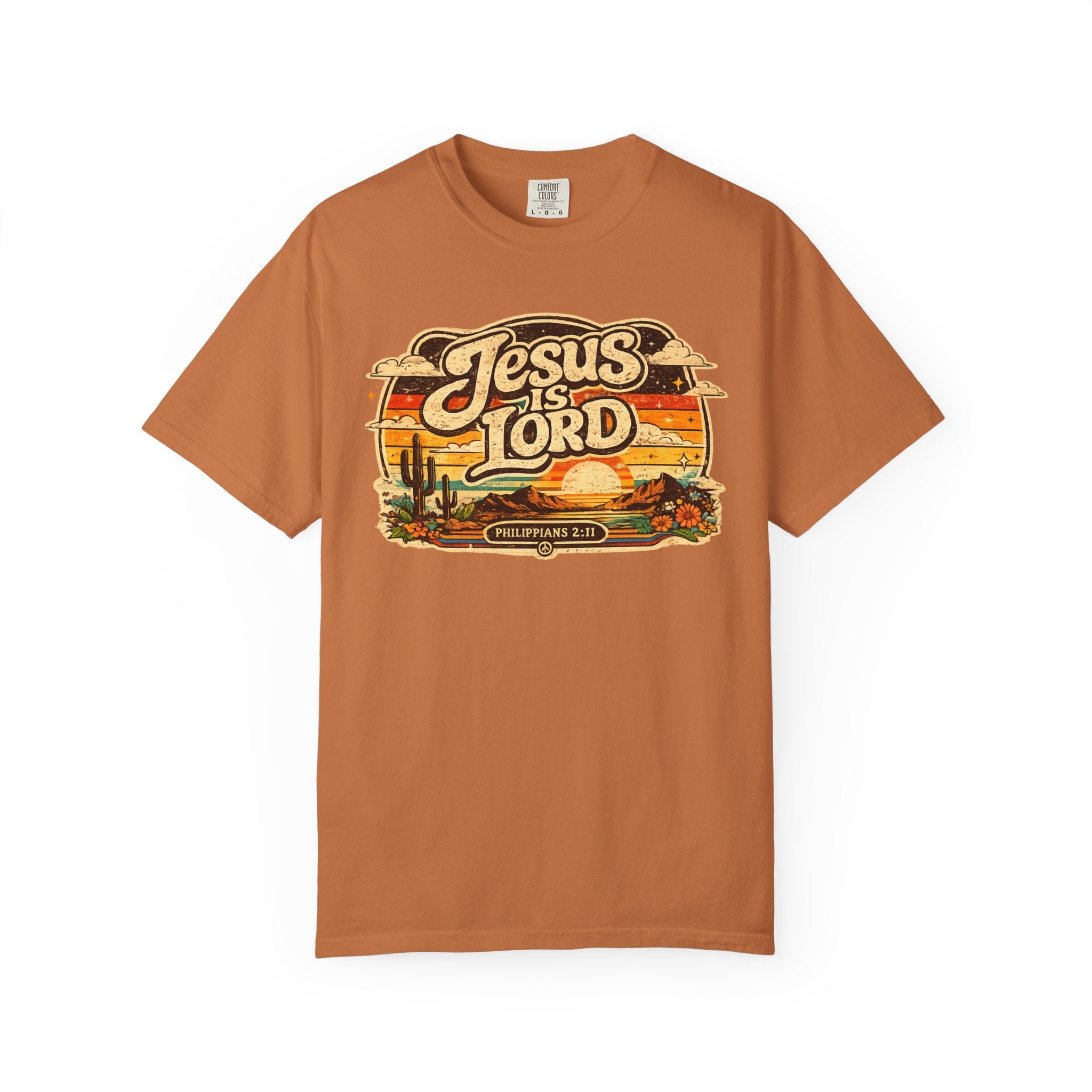 Jesus Is Lord Tee — Retro 70s Desert Sunset Philippians 2:11 Comfort Colors T-Shirt