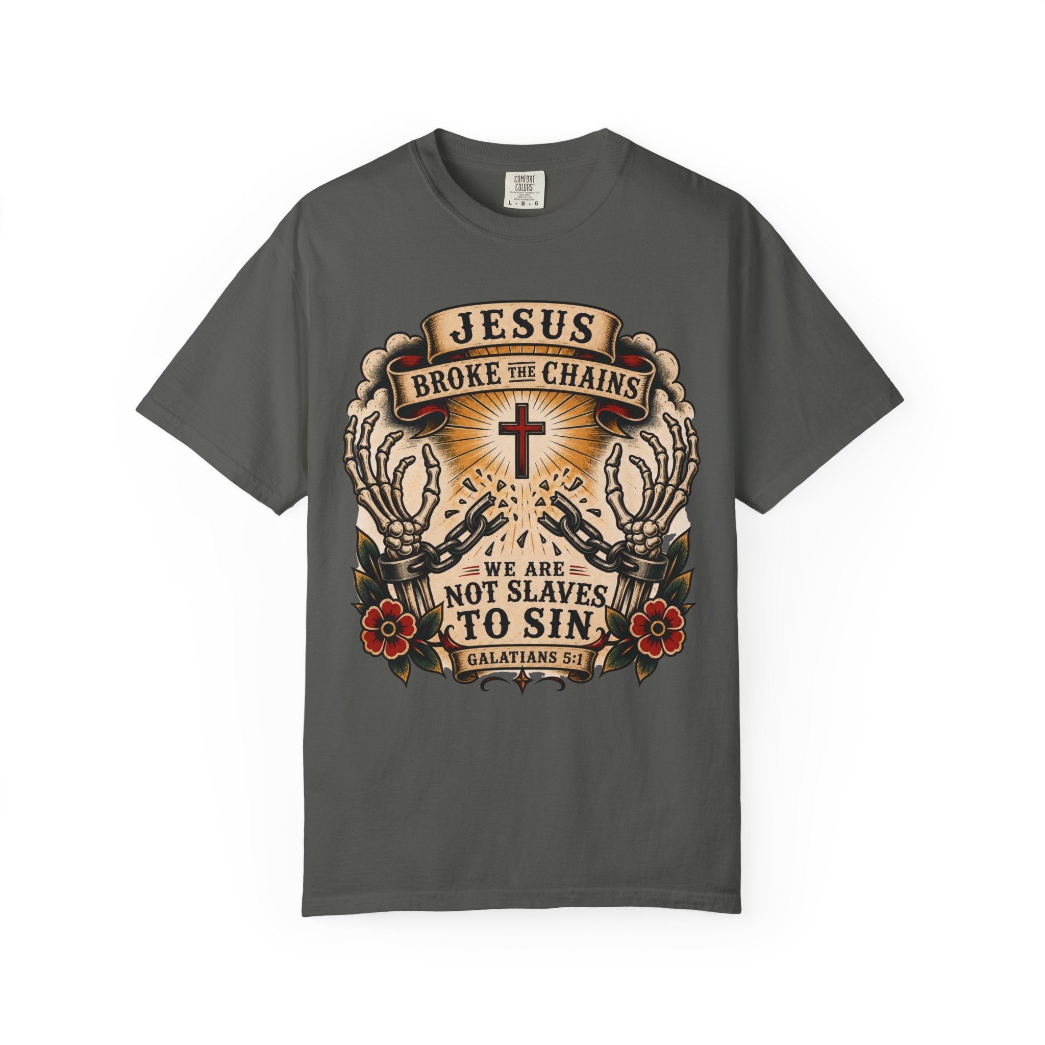 Jesus Broke the Chains Tee — American Traditional Tattoo Galatians 5:1 Comfort Colors T-Shirt