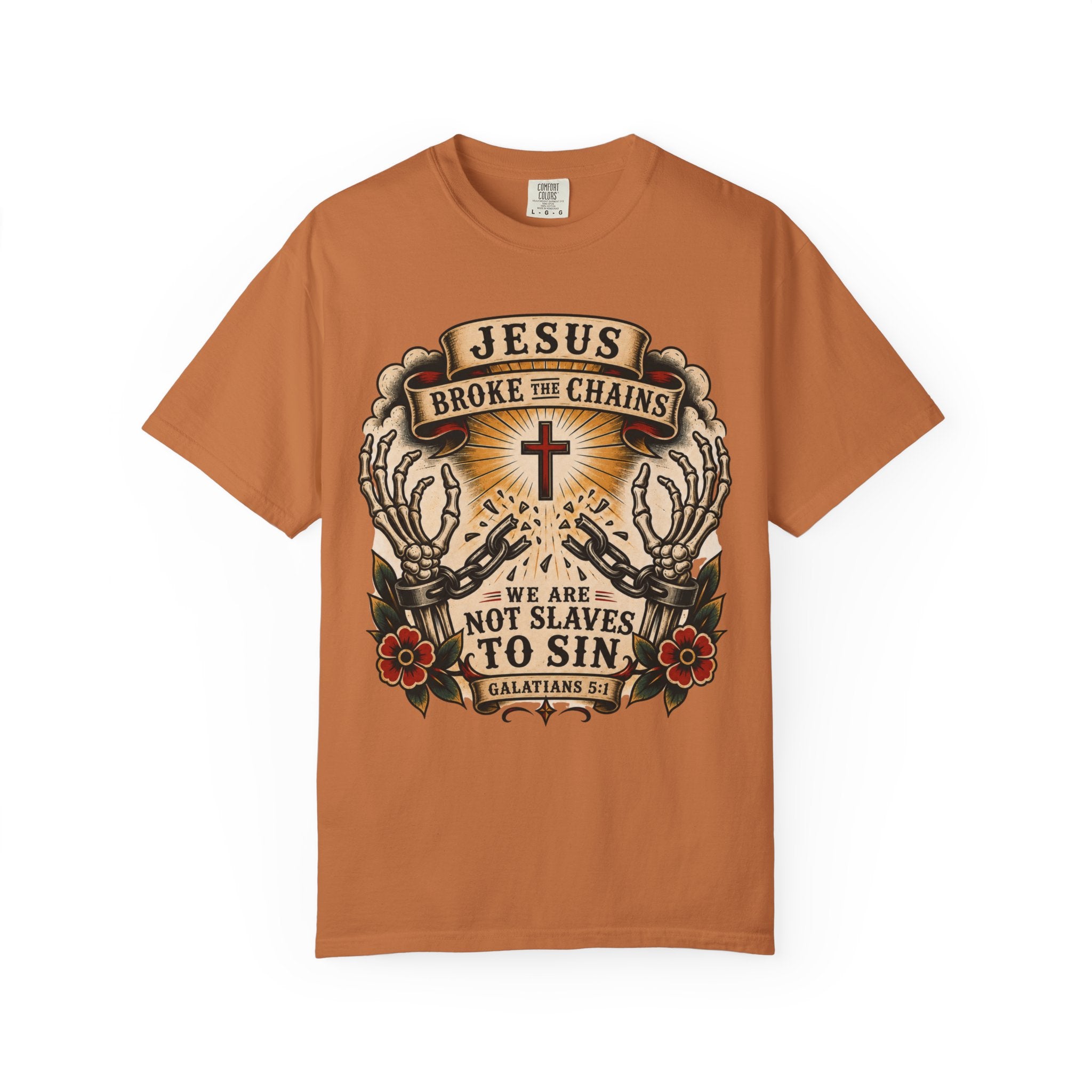 Jesus Broke the Chains Tee — American Traditional Tattoo Galatians 5:1 Comfort Colors T-Shirt