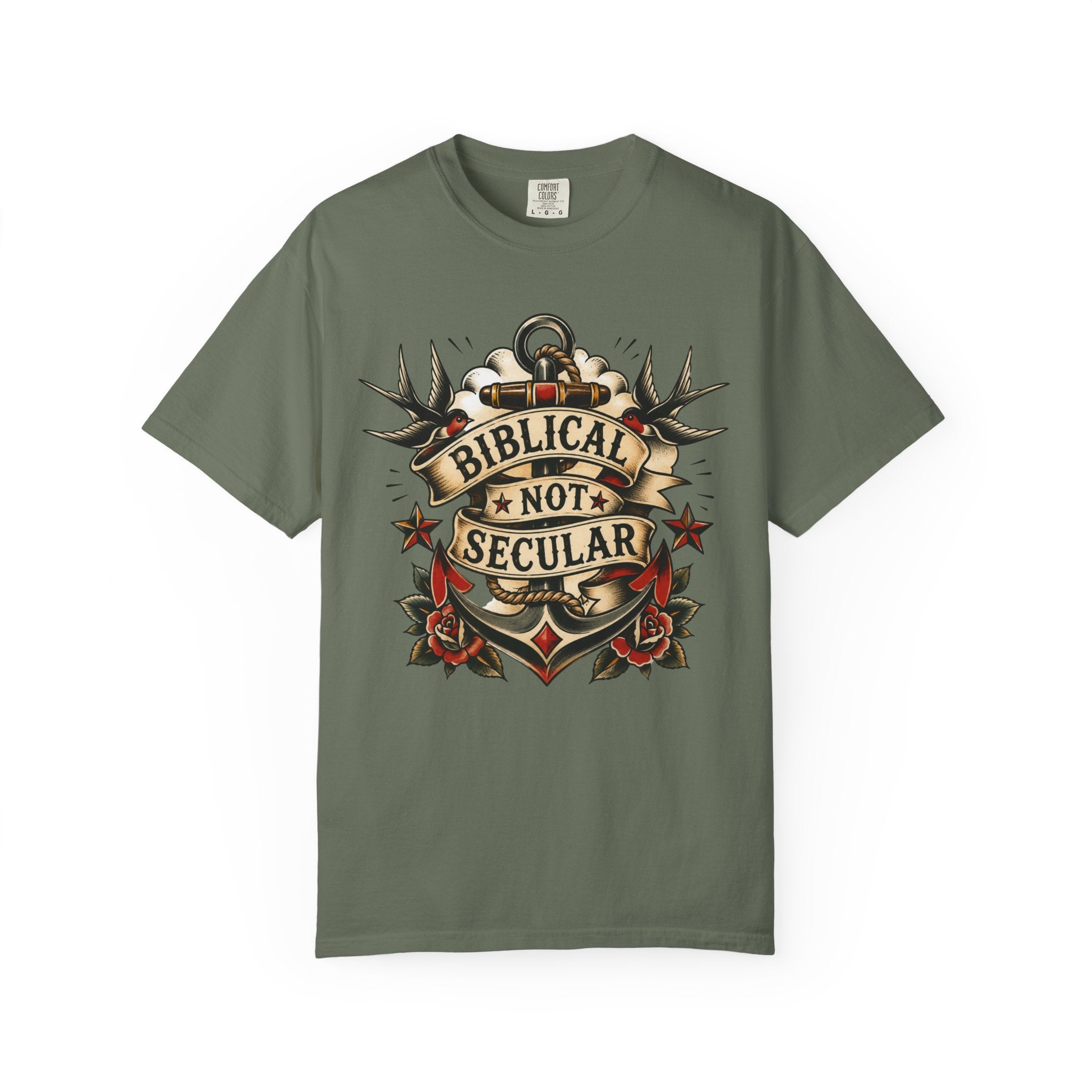 Biblical Not Secular Tee — American Traditional Tattoo Anchor Comfort Colors T-Shirt