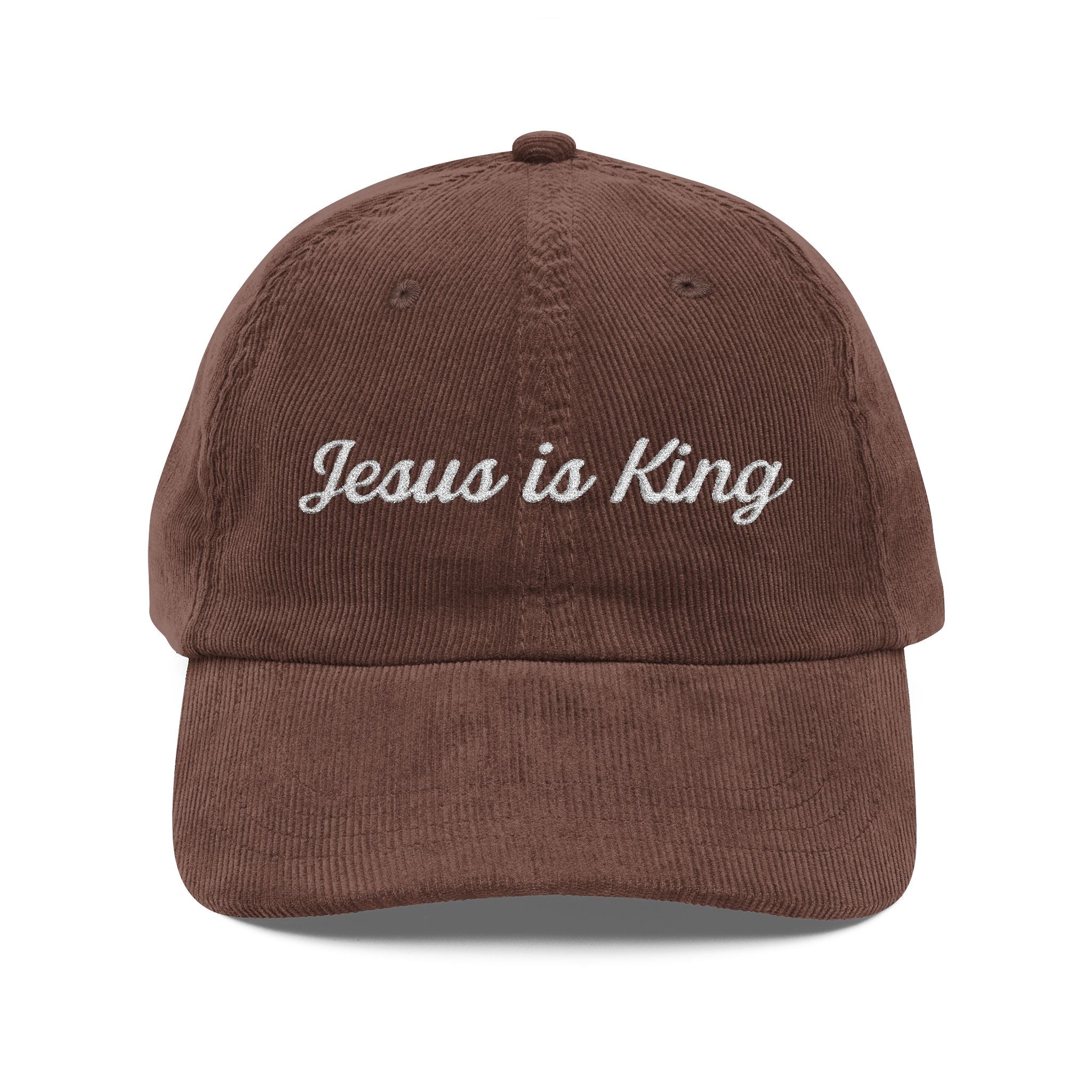 Jesus is King Hat — Vintage Corduroy Christian Cap | Embroidered Script Faith Hat