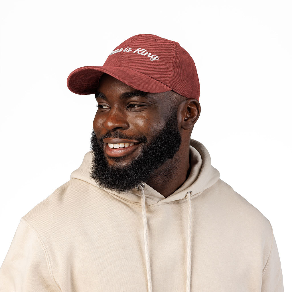 Jesus is King Hat — Vintage Corduroy Christian Cap | Embroidered Script Faith Hat