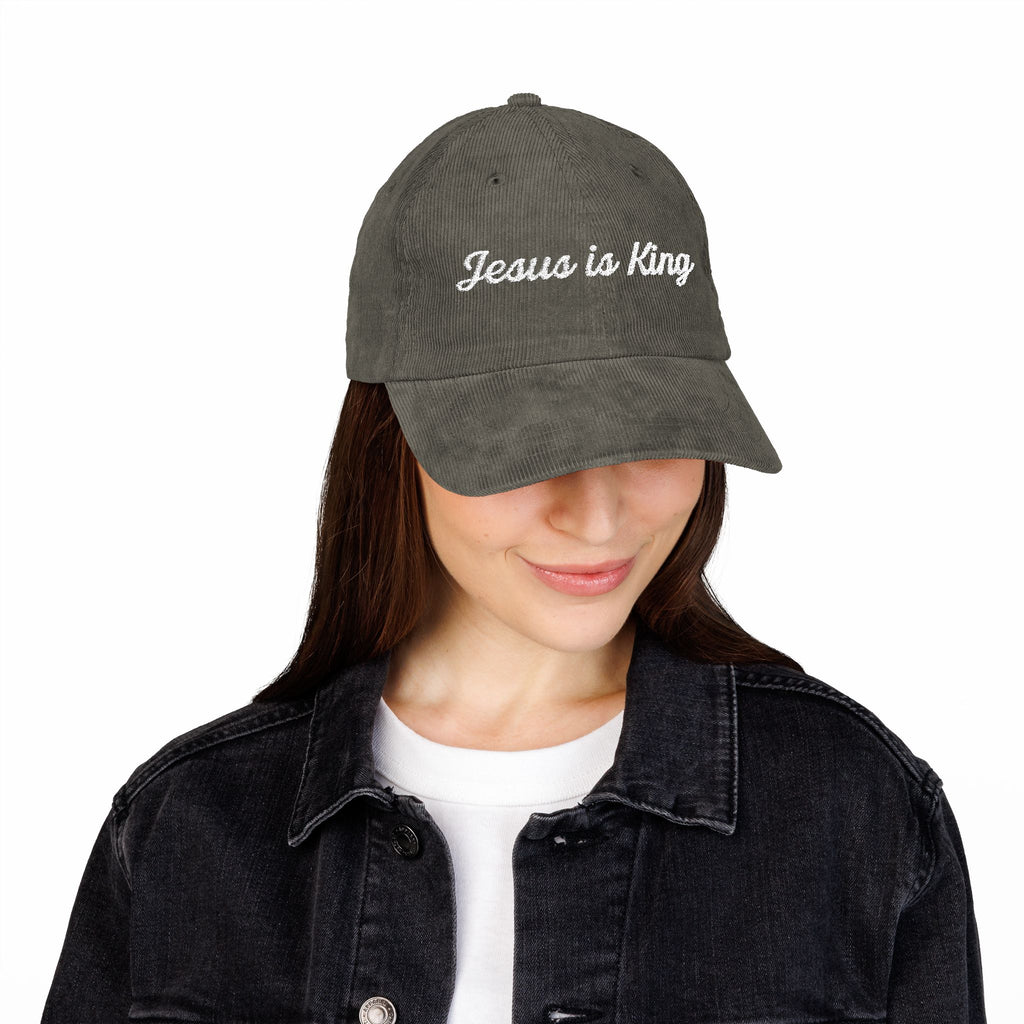 Jesus is King Hat — Vintage Corduroy Christian Cap | Embroidered Script Faith Hat
