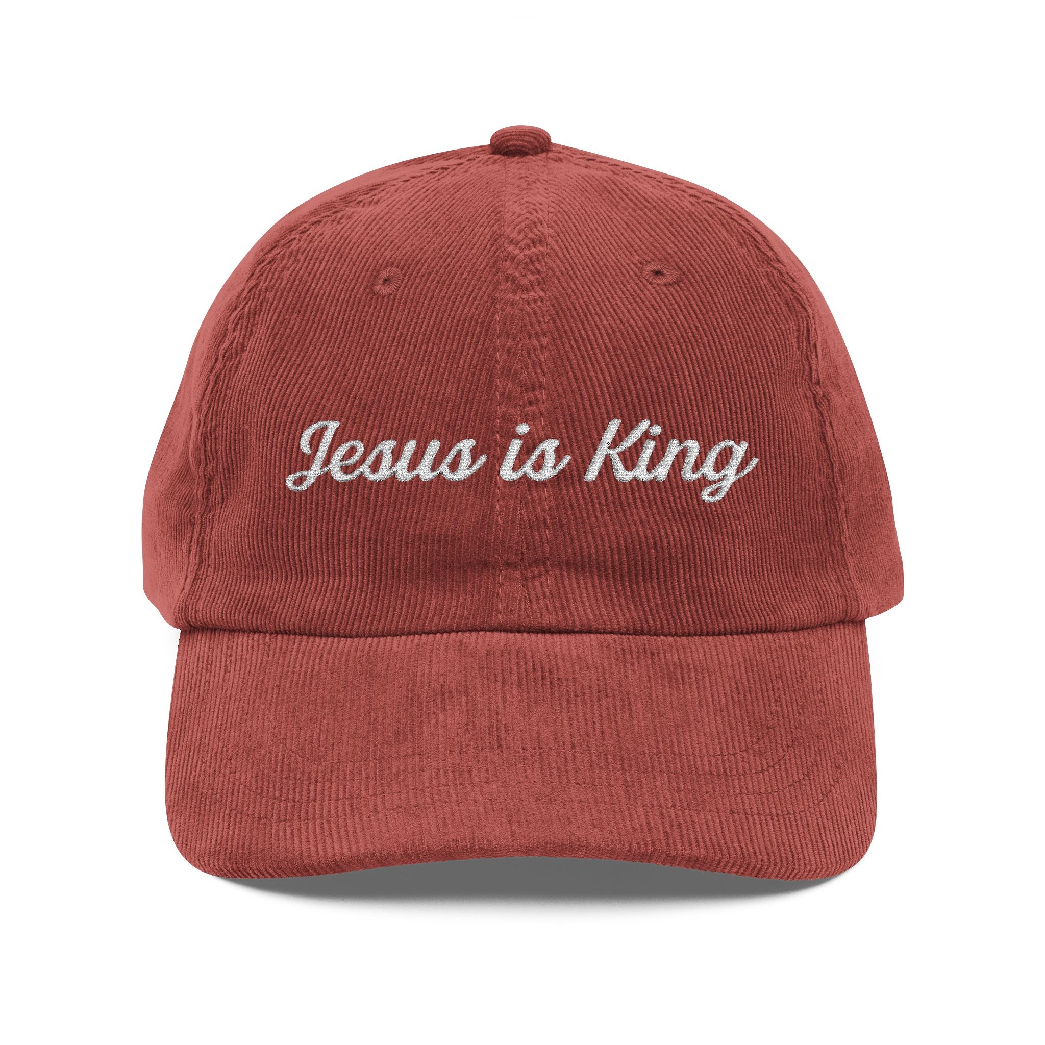 Jesus is King Hat — Vintage Corduroy Christian Cap | Embroidered Script Faith Hat