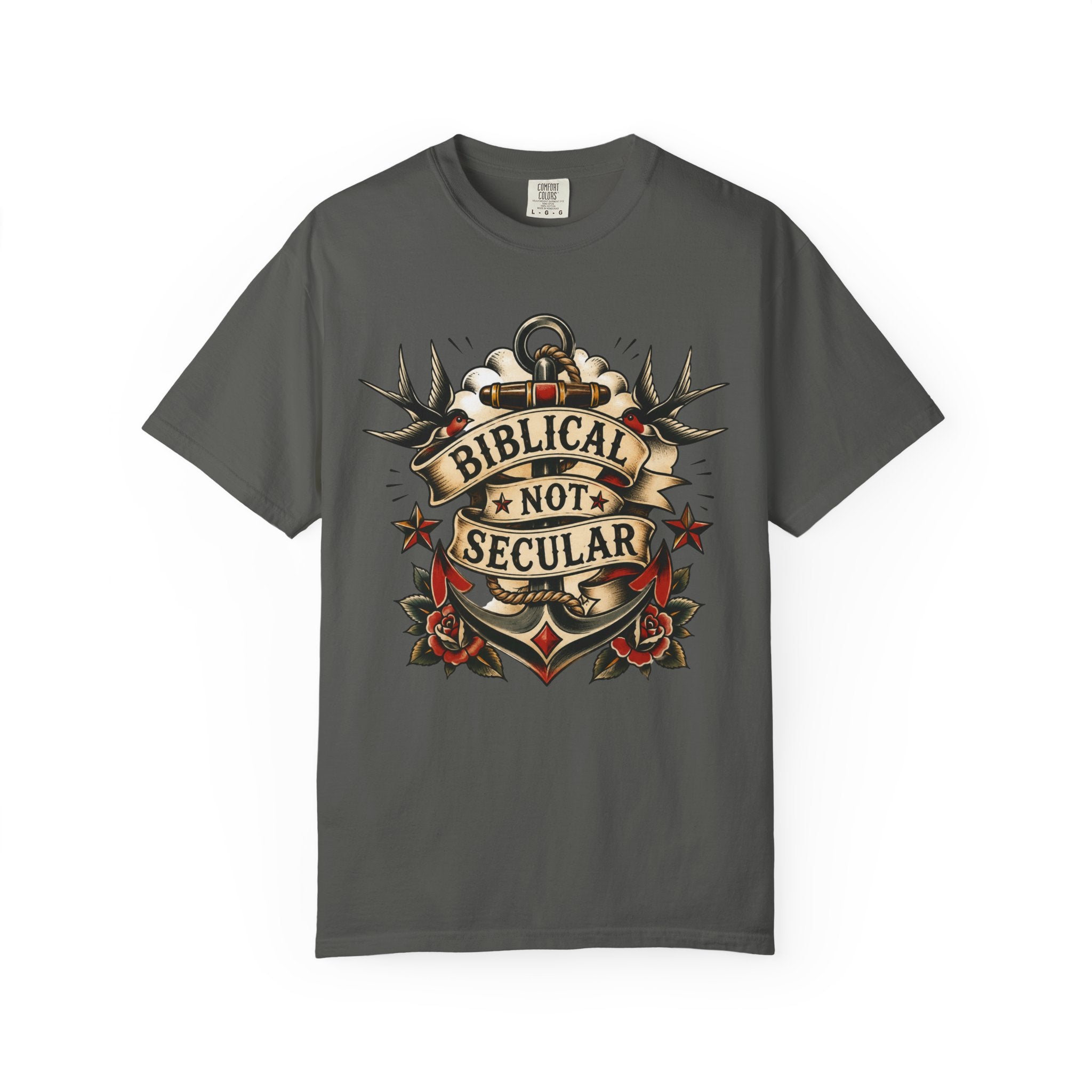 Biblical Not Secular Tee — American Traditional Tattoo Anchor Comfort Colors T-Shirt