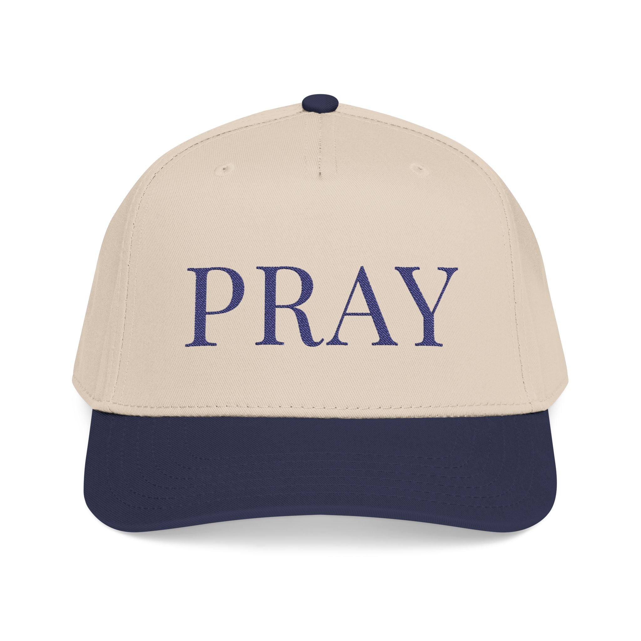 PRAY Embroidered Hat Navy/Neutral — Christian Mid Profile Baseball Cap | Loud About God