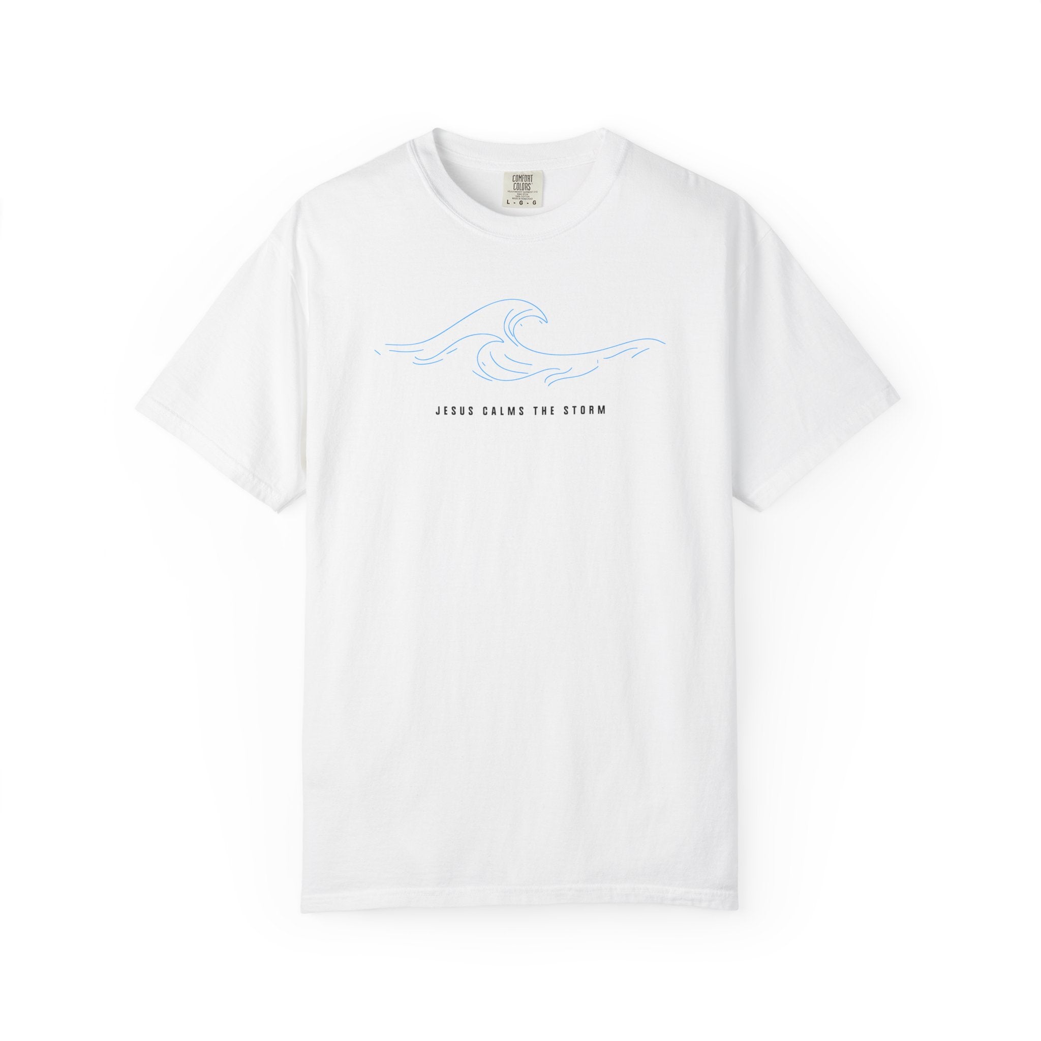 Jesus Calms the Storm Tee — Minimalist Wave Graphic Comfort Colors T-Shirt