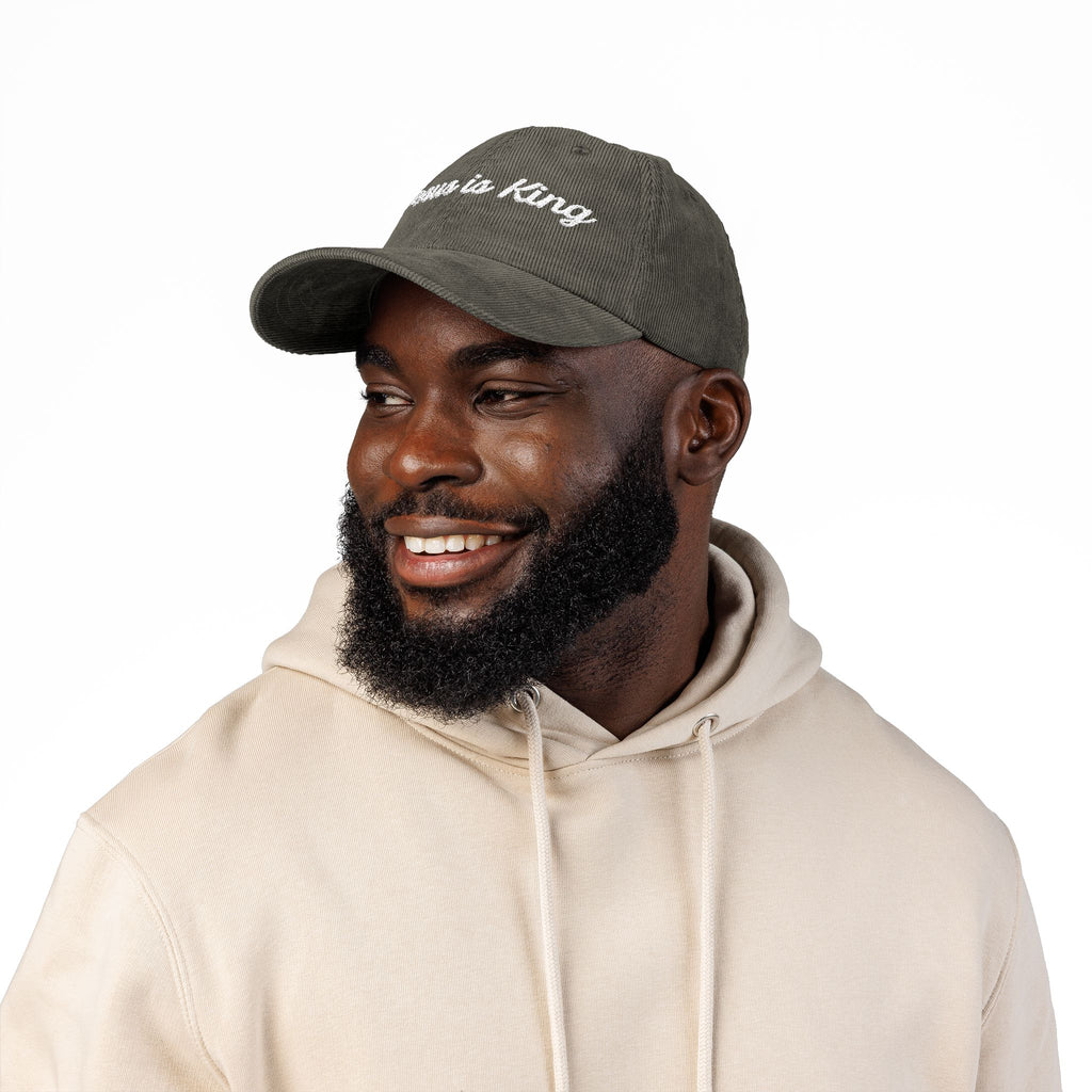 Jesus is King Hat — Vintage Corduroy Christian Cap | Embroidered Script Faith Hat