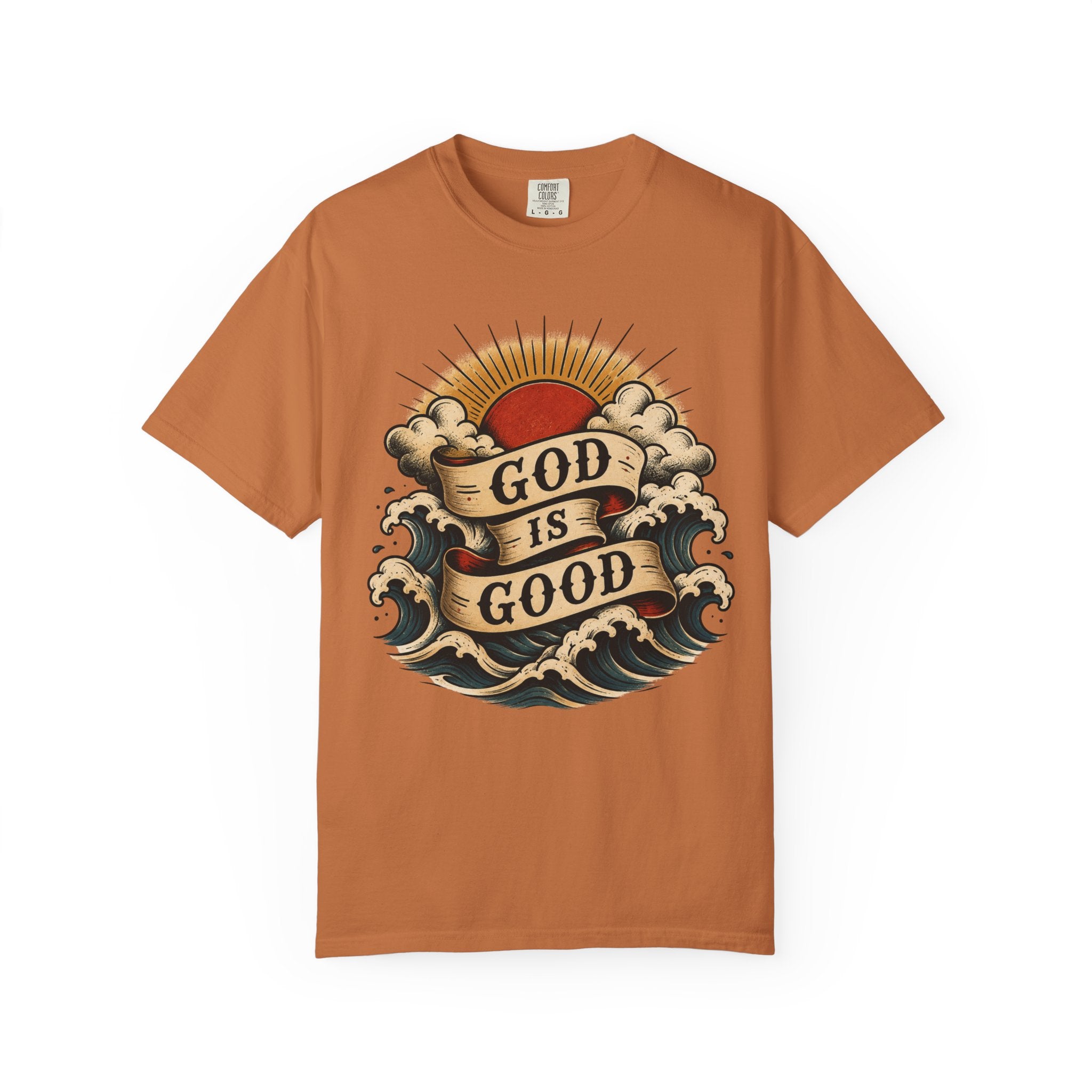 God Is Good Tee — American Traditional Tattoo Sun & Waves Comfort Colors T-Shirt