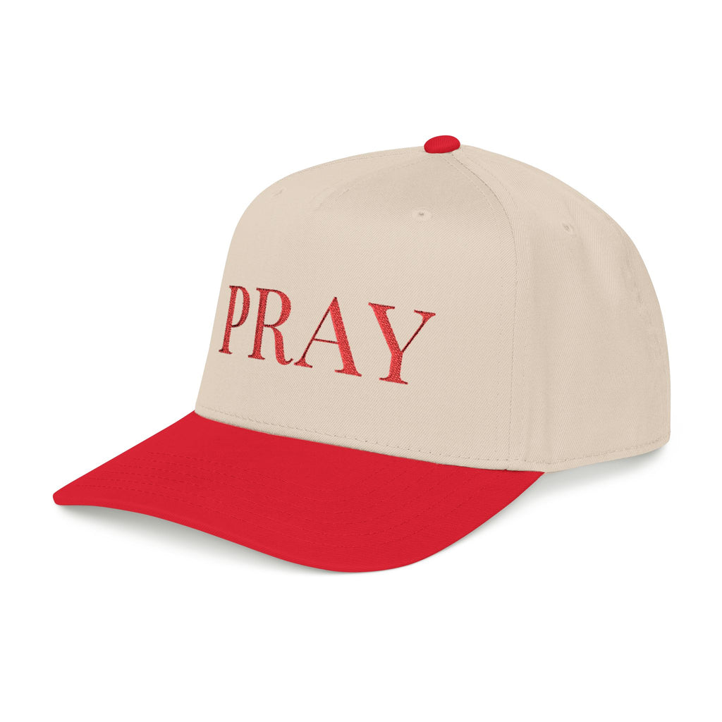 PRAY Embroidered Hat Red/Neutral — Christian Mid Profile Baseball Cap | Loud About God