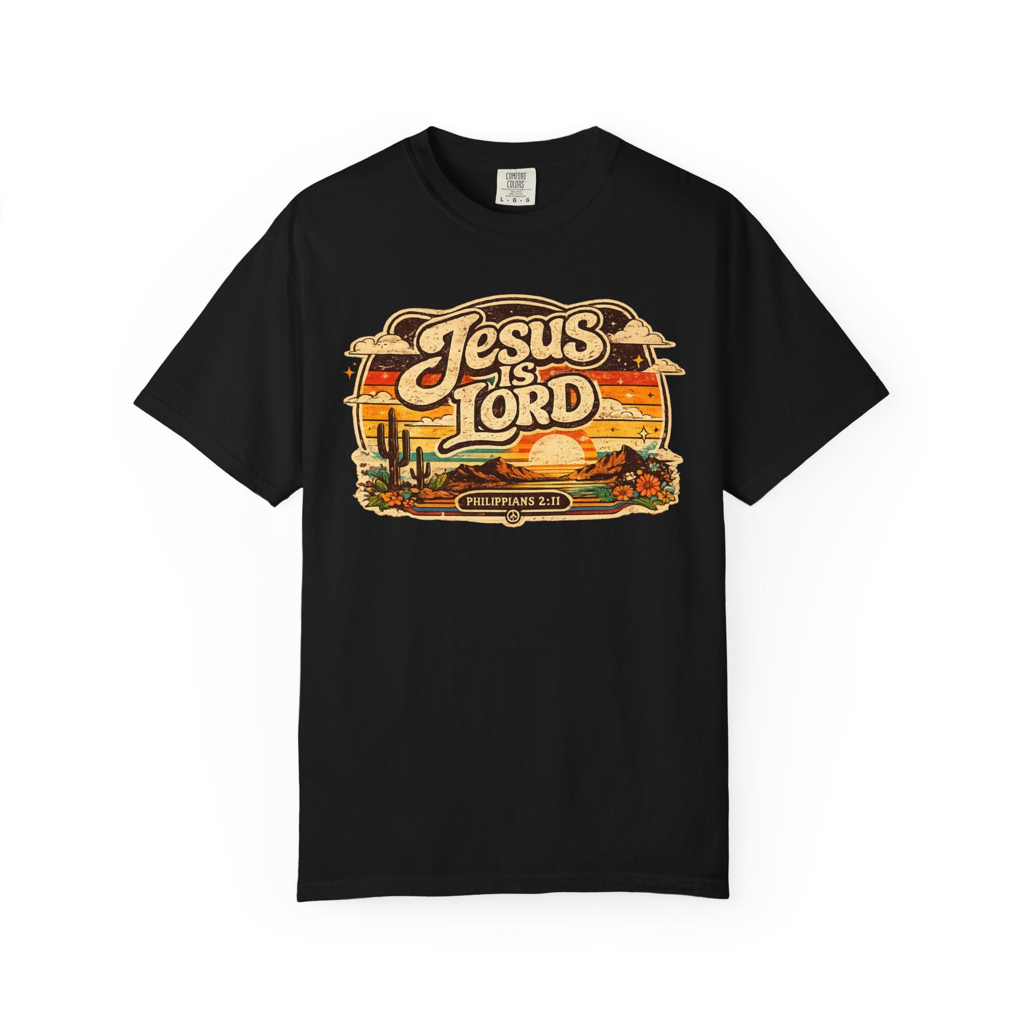 Jesus Is Lord Tee — Retro 70s Desert Sunset Philippians 2:11 Comfort Colors T-Shirt