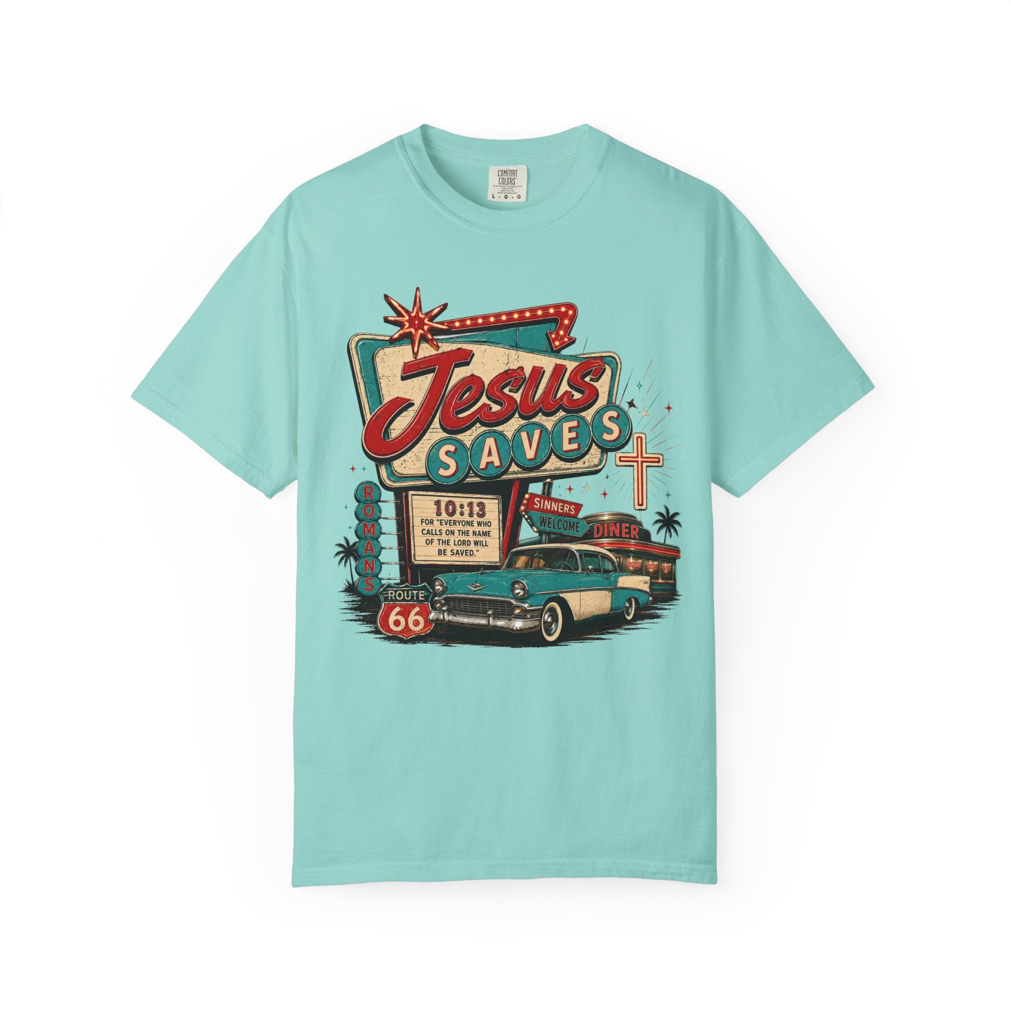 Jesus Saves Tee — Retro 50s Diner Neon Romans 10:13 Comfort Colors T-Shirt