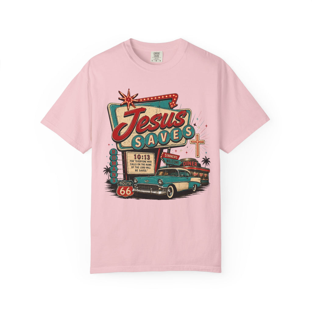 Jesus Saves Tee — Retro 50s Diner Neon Romans 10:13 Comfort Colors T-Shirt