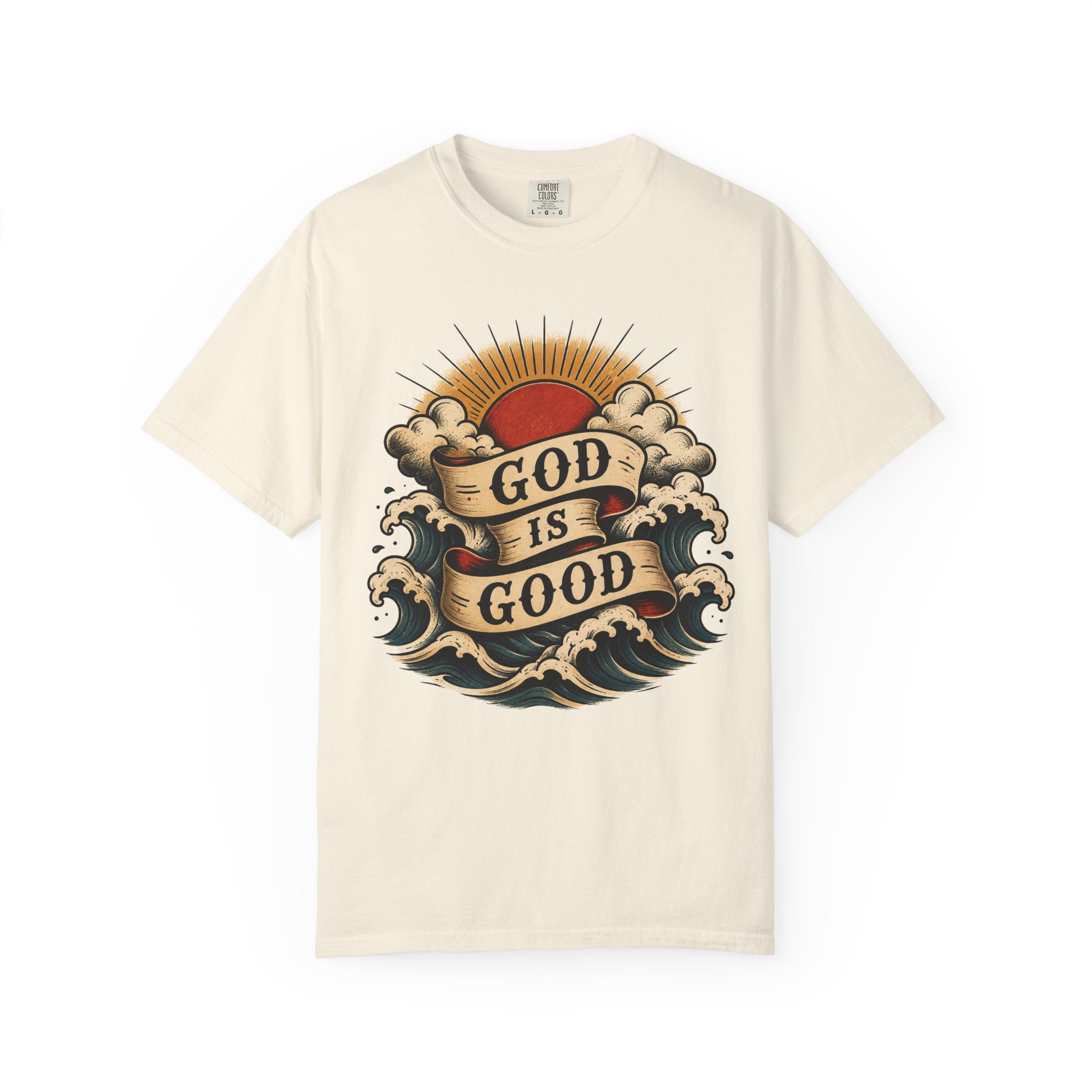 God Is Good Tee — American Traditional Tattoo Sun & Waves Comfort Colors T-Shirt