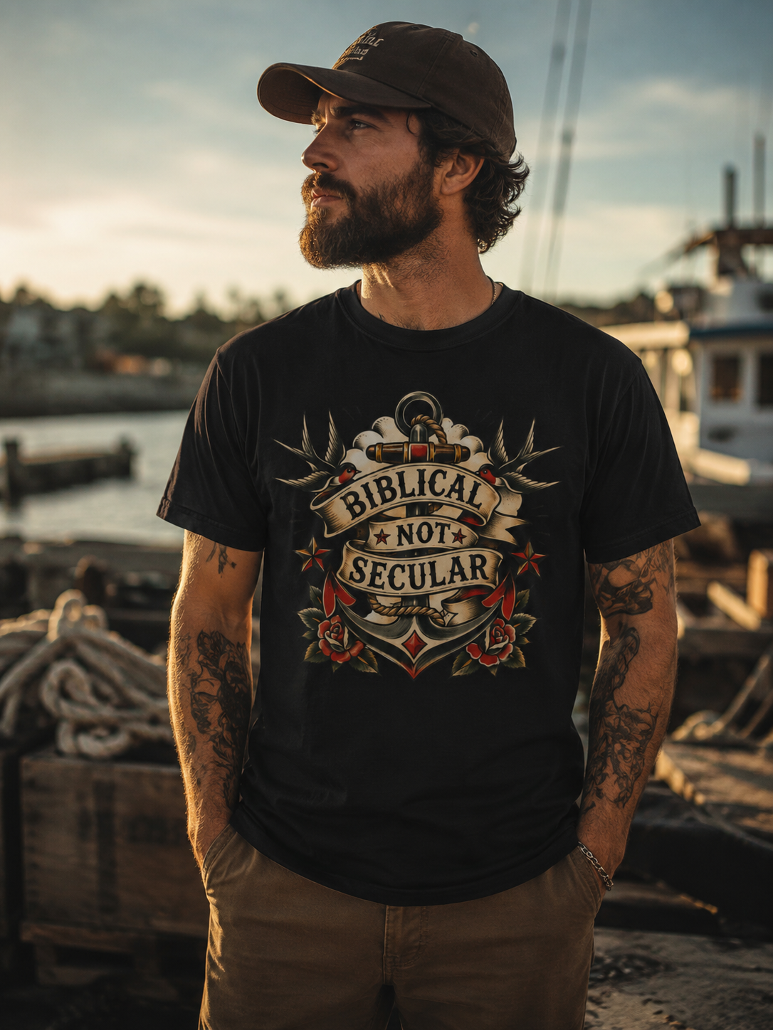 Biblical Not Secular Tee — American Traditional Tattoo Anchor Comfort Colors T-Shirt