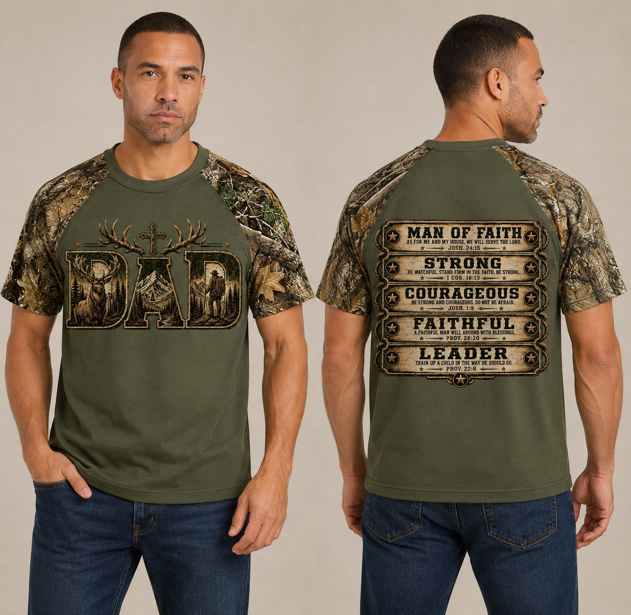 DAD Christian Camo Raglan Tee — Outdoor Father's Day Shirt | Man of Faith Joshua 24:15