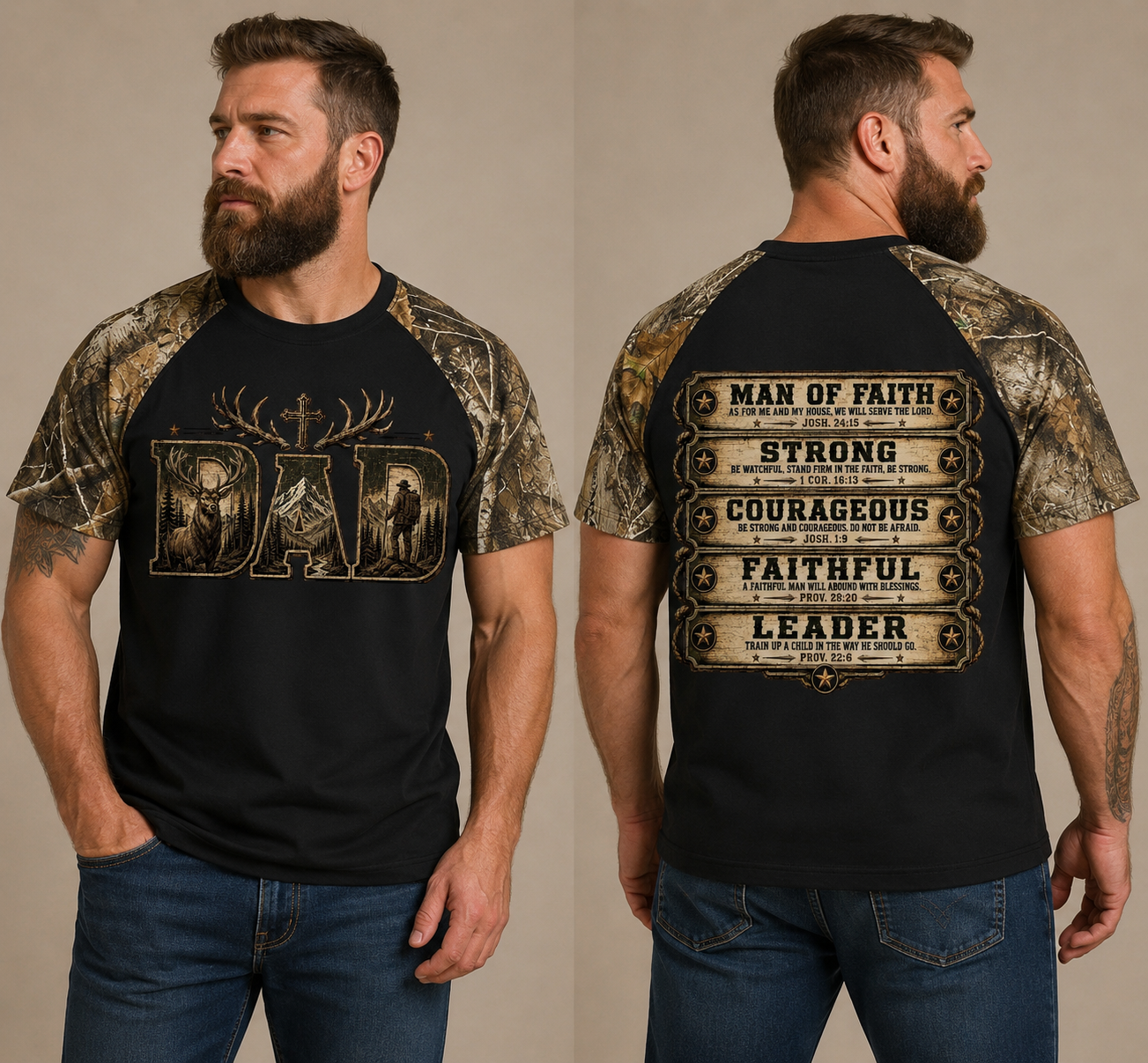 DAD Christian Camo Raglan Tee — Outdoor Father's Day Shirt | Man of Faith Joshua 24:15