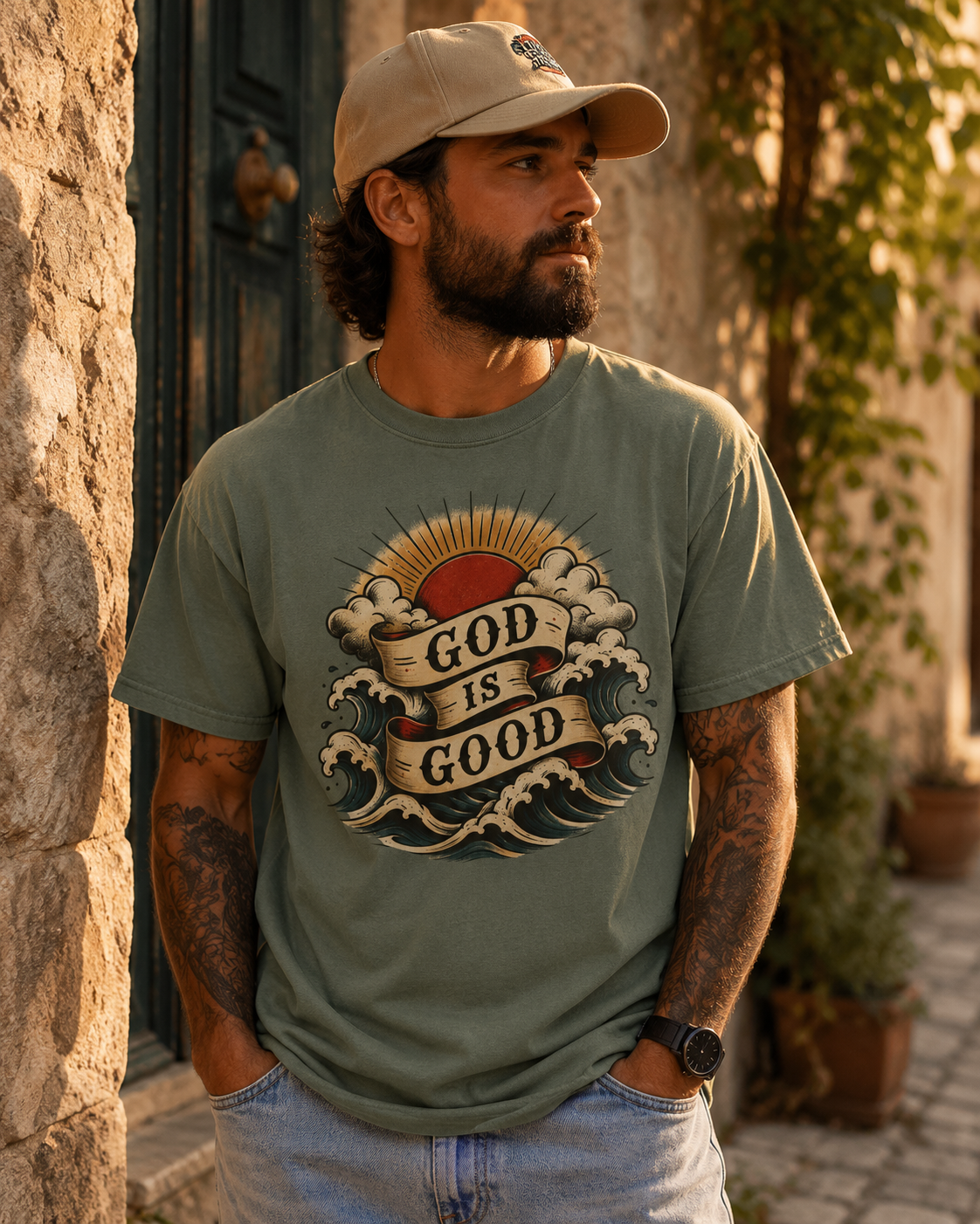 God Is Good Tee — American Traditional Tattoo Sun & Waves Comfort Colors T-Shirt