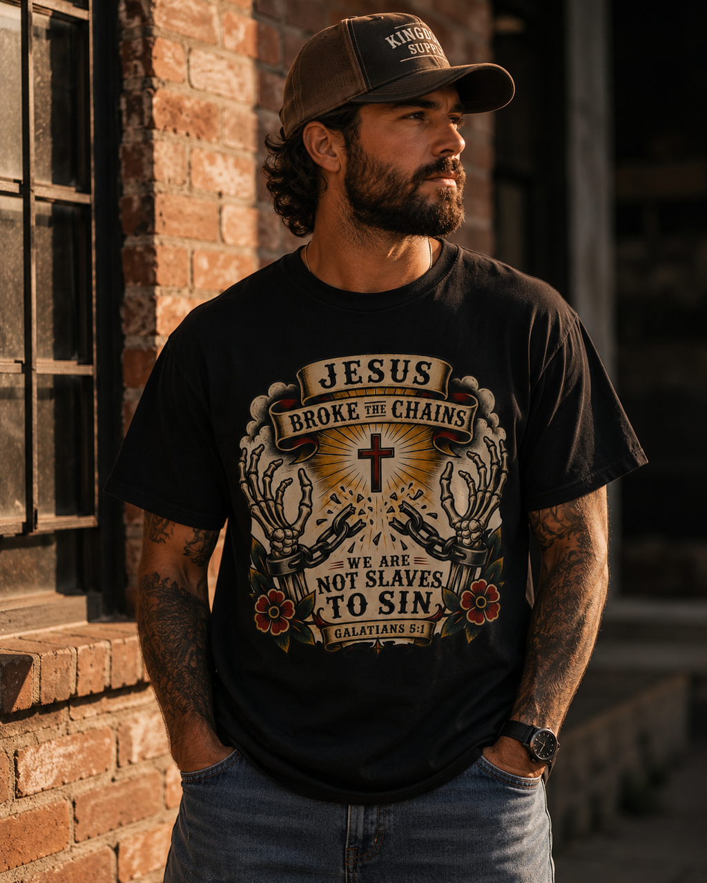Jesus Broke the Chains Tee — American Traditional Tattoo Galatians 5:1 Comfort Colors T-Shirt