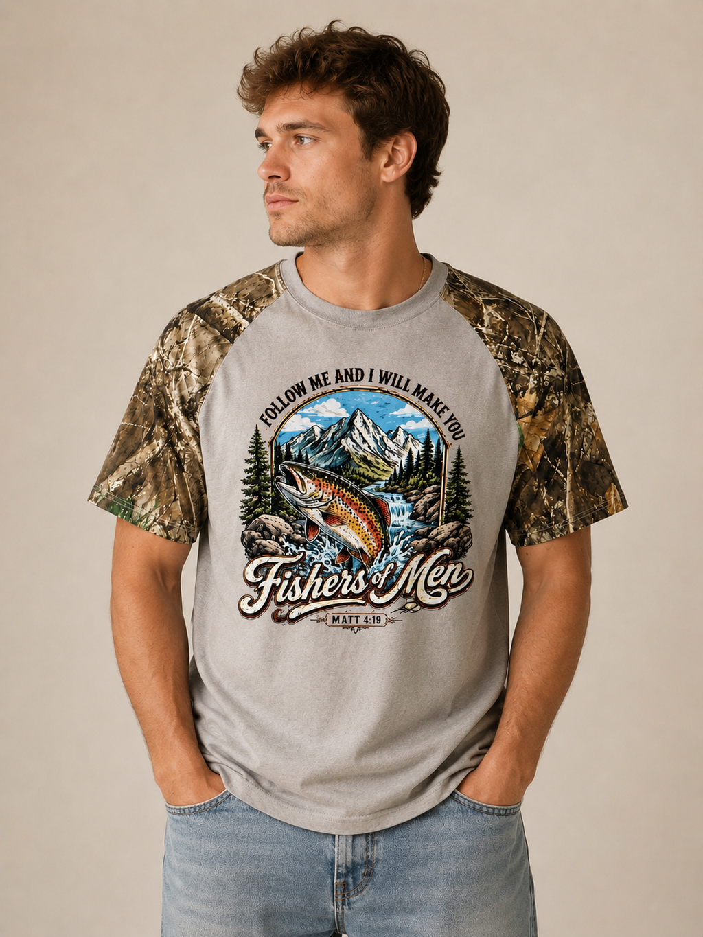 Fishers of Men Camo Raglan T-Shirt — Realtree EDGE Sleeve Christian Fishing Tee | Matthew 4:19