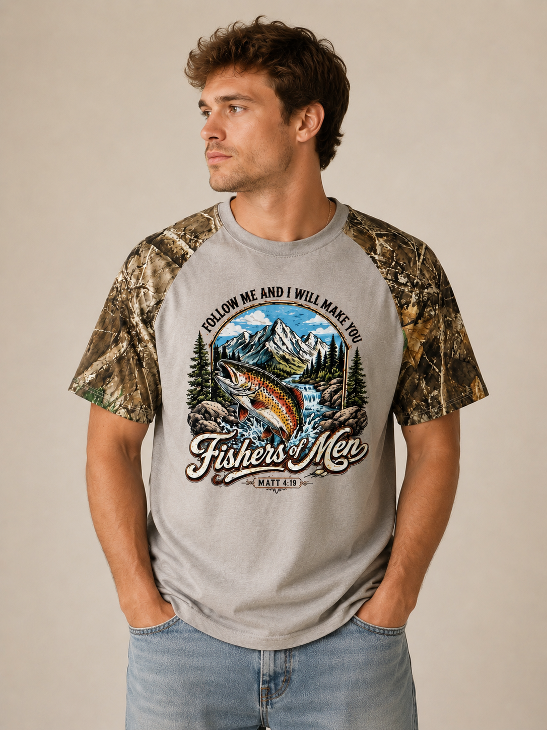 Fishers of Men Camo Raglan T-Shirt — Realtree EDGE Sleeve Christian Fishing Tee | Matthew 4:19