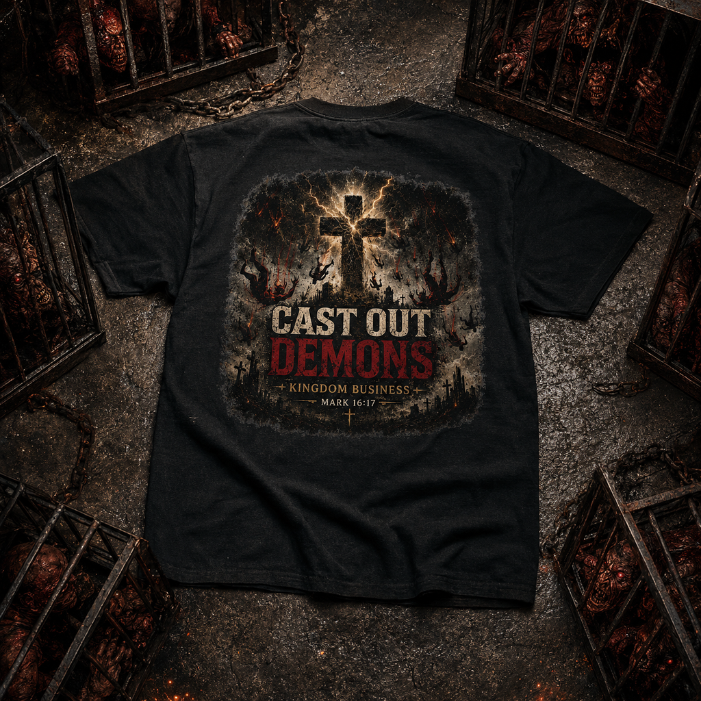 Cast Out Demons Tee — Kingdom Business Mark 16:17 Front & Back Spiritual Warfare T-Shirt