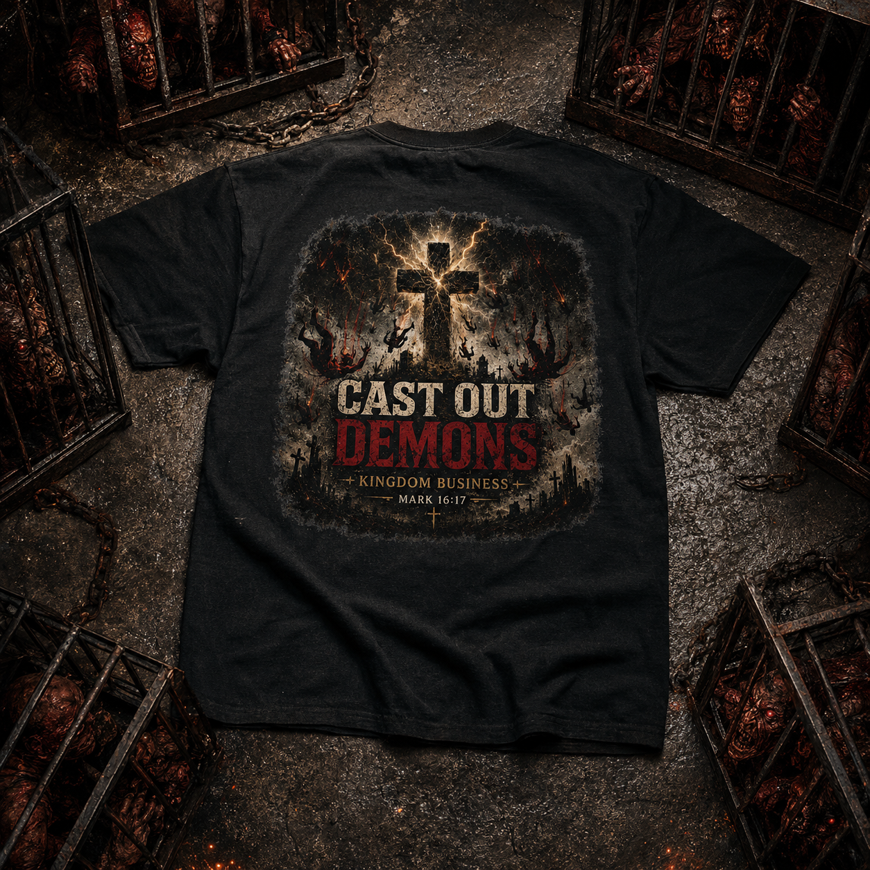Cast Out Demons Tee — Kingdom Business Mark 16:17 Front & Back Spiritual Warfare T-Shirt
