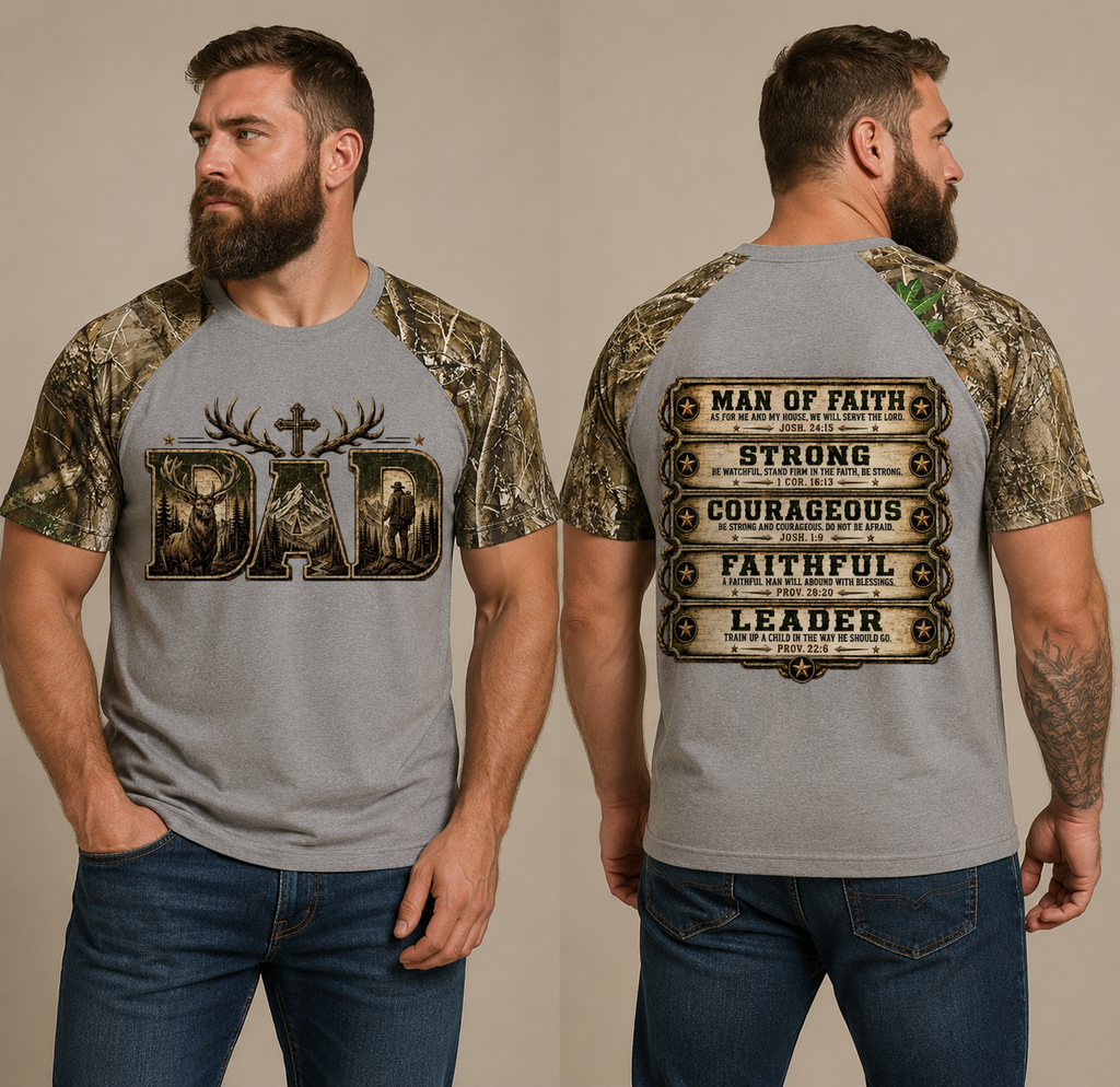 DAD Christian Camo Raglan Tee — Outdoor Father's Day Shirt | Man of Faith Joshua 24:15