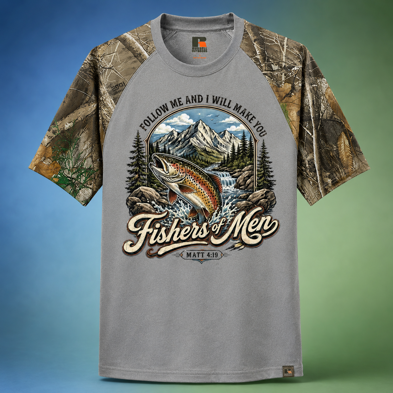Fishers of Men Camo Raglan T-Shirt — Realtree EDGE Sleeve Christian Fishing Tee | Matthew 4:19