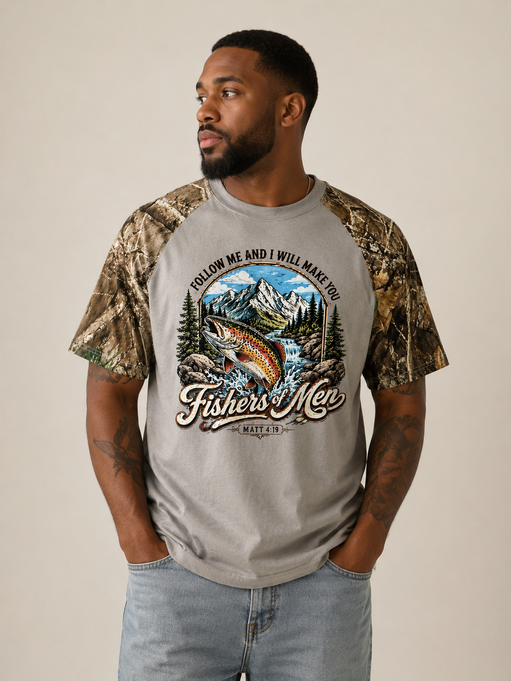 Fishers of Men Camo Raglan T-Shirt — Realtree EDGE Sleeve Christian Fishing Tee | Matthew 4:19