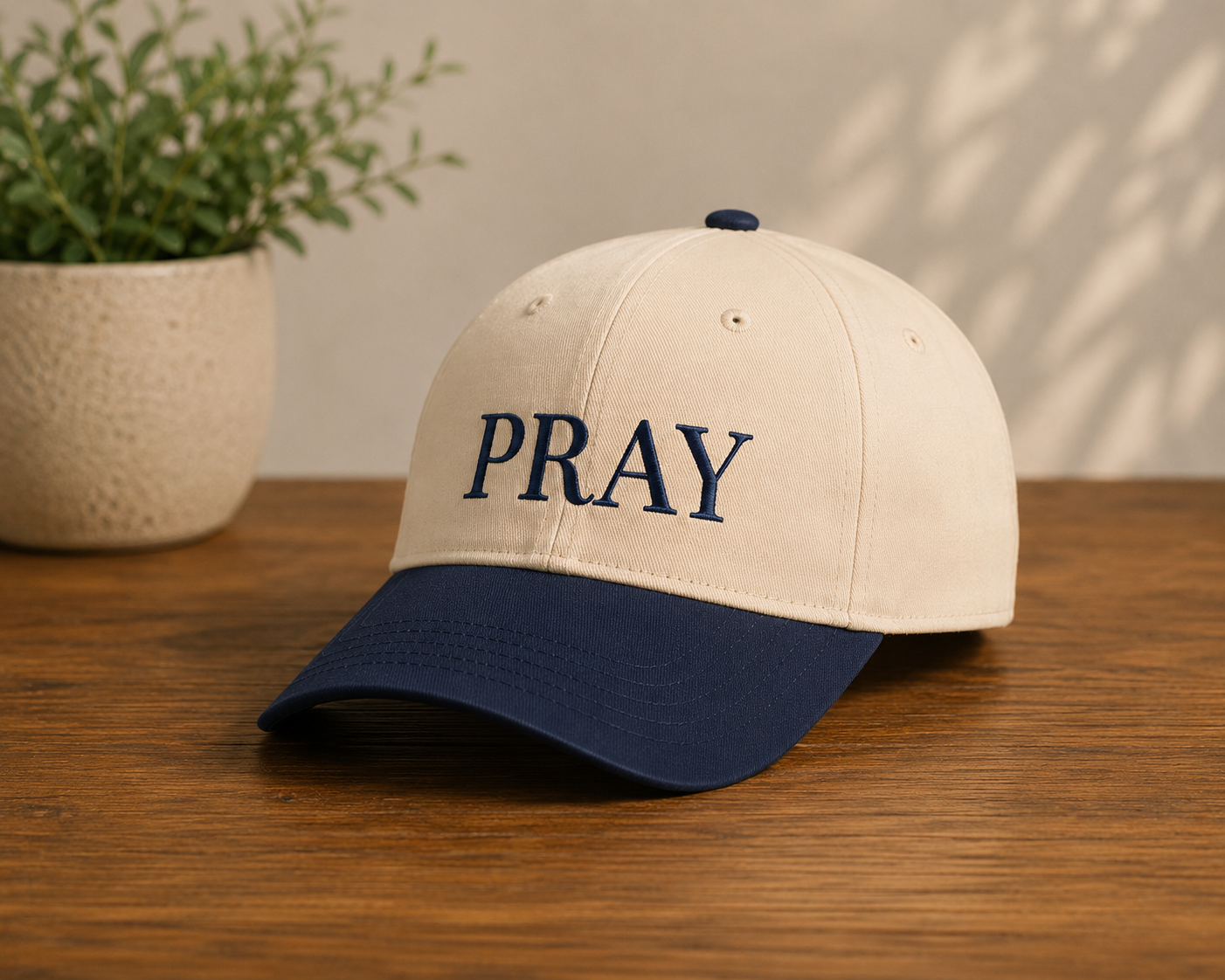 PRAY Embroidered Hat Navy/Neutral — Christian Mid Profile Baseball Cap | Loud About God
